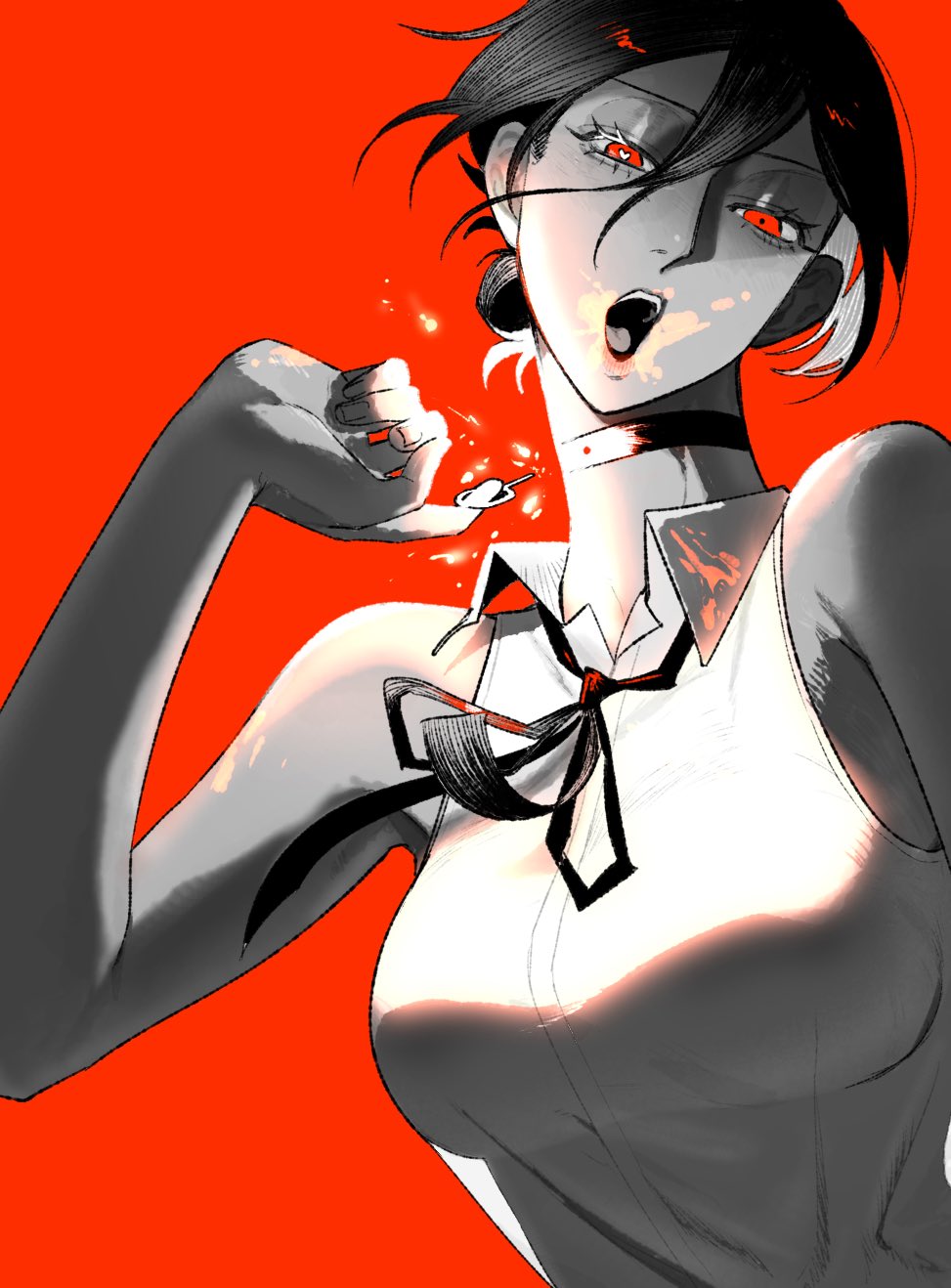reze (chainsaw man), chainsaw man, highres, 1girl, aike rkgk, bare arms, bare shoulders, black choker, black hair, black ribbon, breasts, choker, collared shirt, grenade pin, hair between eyes, hair ribbon, heart, heart-shaped pupils, looking at viewer, medium breasts, medium hair, monochrome, open mouth, red background, red eyes, ribbon, shirt, sleeveless, sleeveless shirt, solo, sparks, symbol-shaped pupils, updo, upper body, white shirt