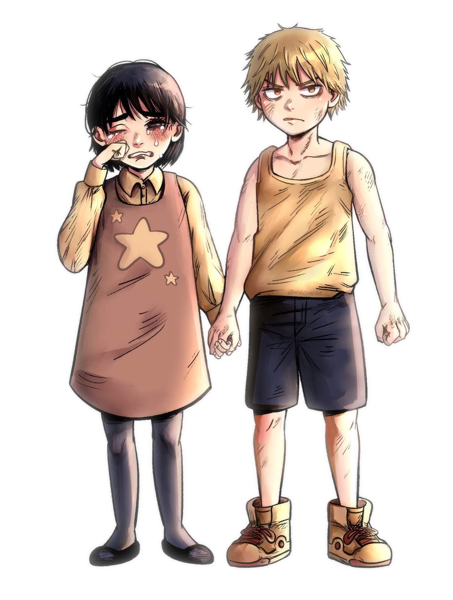 wischkaa, denji (chainsaw man), mitaka asa, chainsaw man, highres, 1boy, 1girl, aged down, black hair, black pantyhose, black shorts, blonde hair, brown dress, closed mouth, crying, crying with eyes open, dress, full body, holding hands, orange eyes, pantyhose, shirt, short hair, shorts, simple background, standing, tank top, tears, white background, yellow shirt, yellow tank top