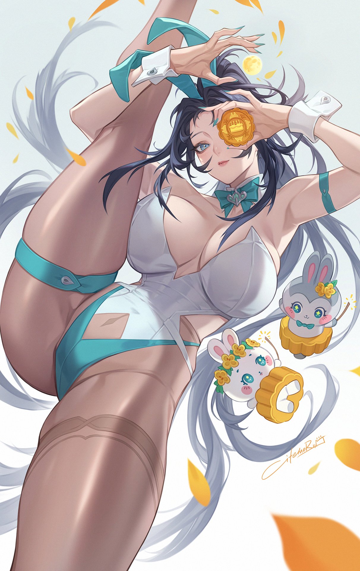 citemer, original, highres, 1girl, absurdly long hair, animal ears, aqua eyes, aqua nails, arm strap, armpits, bare shoulders, birthday cake, black hair, bow, breasts, cake, cici (citemer), clothing cutout, covered navel, covering one eye, detached collar, eyelashes, eyeshadow, food, from below, high heels, high ponytail, highleg, highleg leotard, hip vent, holding own leg, jewelry, large breasts, leotard, lips, long hair, looking at viewer, makeup, nail polish, navel cutout, pantyhose, perspective, playboy bunny, ponytail, rabbit, rabbit ears, revealing clothes, signature, skindentation, solo focus, split, standing, standing on one leg, thigh strap, thighs, very long hair, white wrist cuffs, wrist cuffs