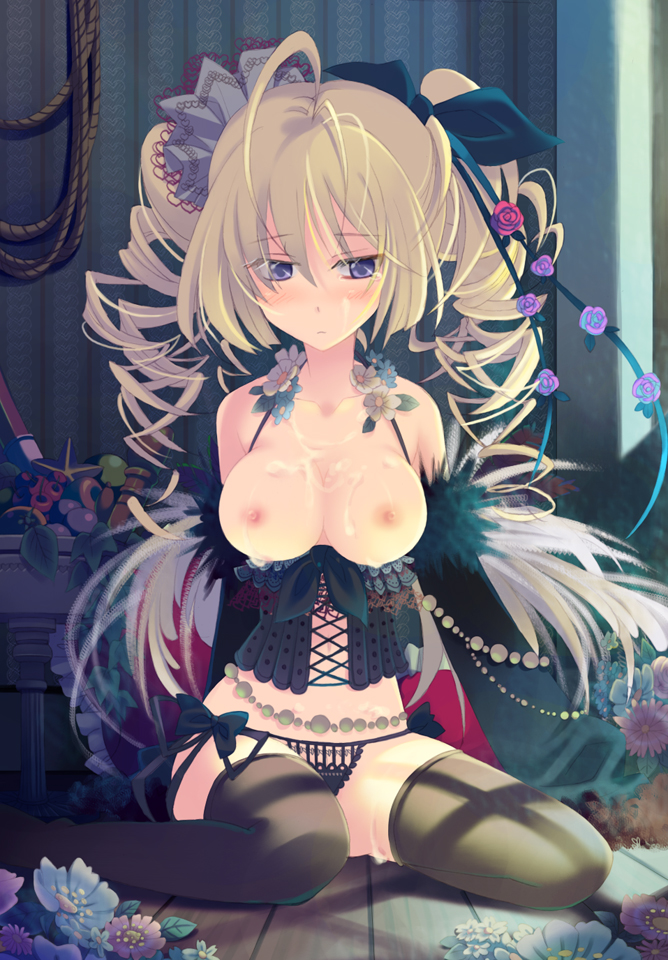 yamadori yoshitomo, original, bad id, bad pixiv id, 1girl, ahoge, black thighhighs, blonde hair, blue eyes, blush, breasts, bustier, corset, cum, cum on body, cum on breasts, cum on upper body, cumdrip, detached sleeves, drill hair, facial, feathers, female focus, flower, hair ribbon, large breasts, lingerie, midriff, nipples, panties, ribbon, side-tie panties, sitting, solo, thighhighs, twintails, underwear