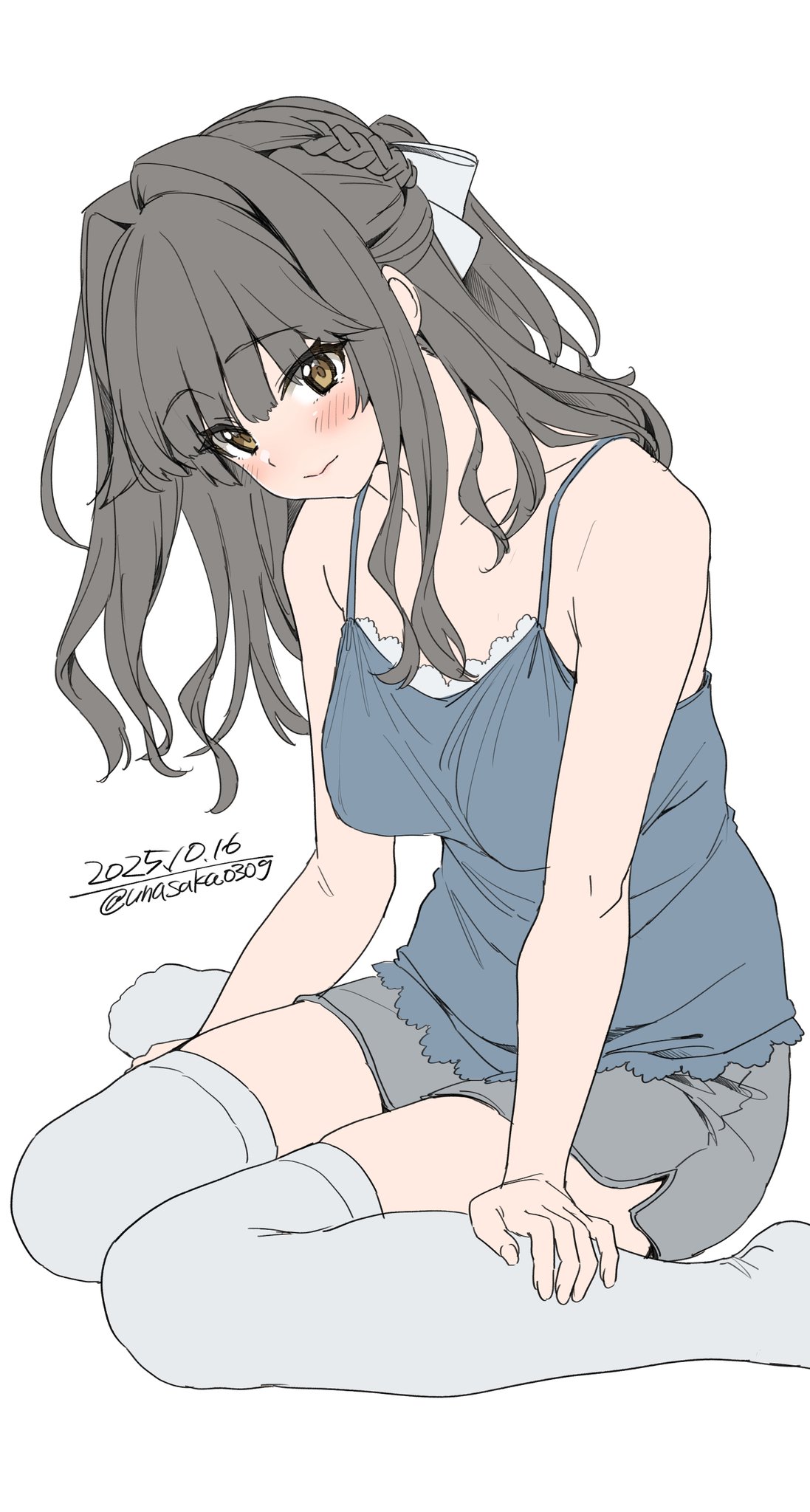 unasaka ryou, original, highres, 1girl, bare shoulders, blue tank top, blush, bow, braid, breasts, brown eyes, closed mouth, collarbone, grey hair, grey shorts, hair bow, hair ornament, long hair, looking at viewer, shorts, simple background, sitting, smile, solo, tank top, thighhighs, wariza, white background, white bow, white thighhighs