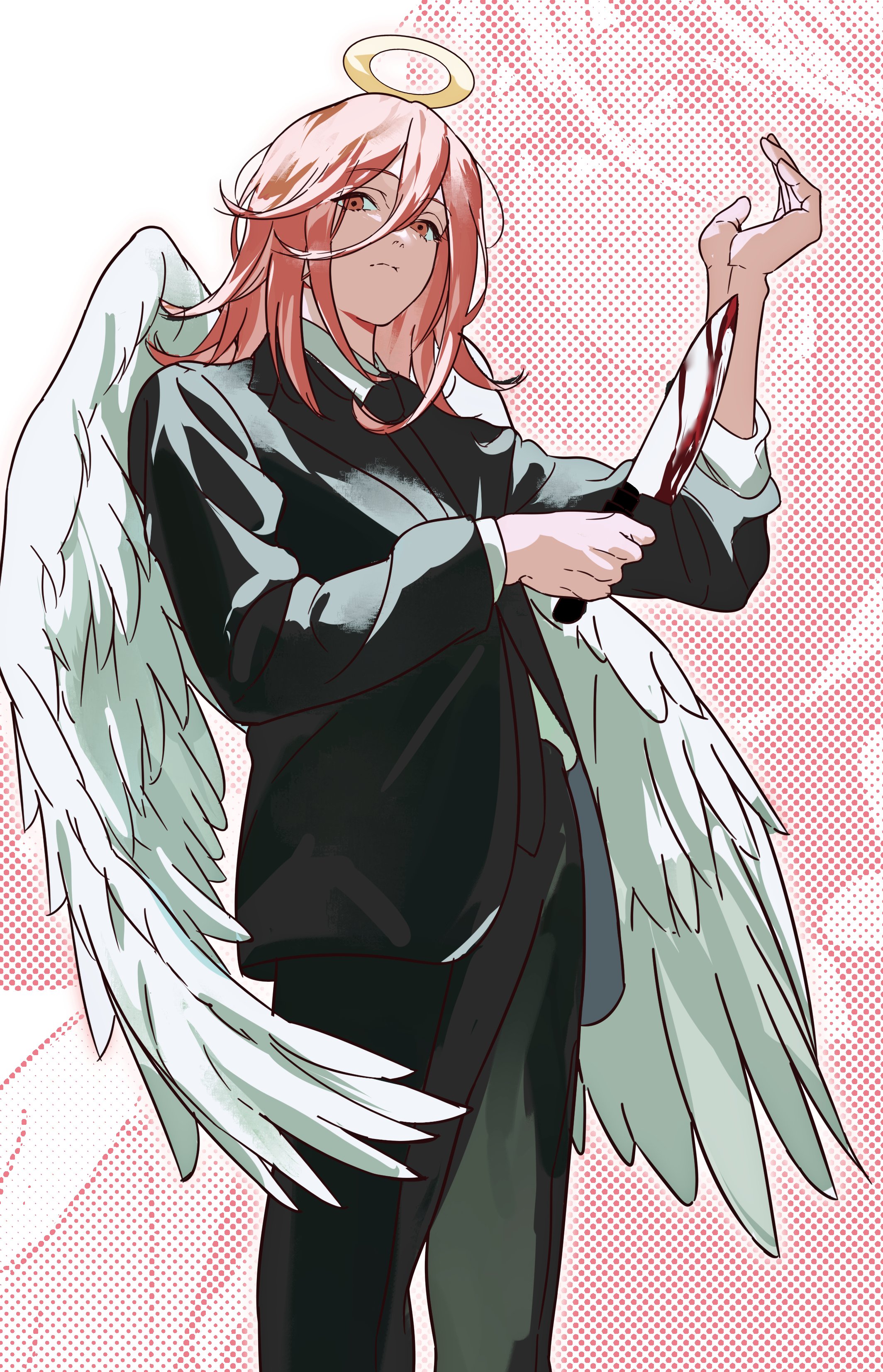 jeongbae22, angel devil (chainsaw man), chainsaw man, absurdres, highres, 1boy, androgynous, angel wings, black jacket, black necktie, black pants, black suit, blood, bloody knife, brown eyes, brown hair, closed mouth, collared shirt, cowboy shot, feathered wings, formal clothes, hair between eyes, halo, hand up, holding, holding knife, jacket, knife, long hair, looking at viewer, male focus, necktie, pants, shirt, sleeves rolled up, solo, suit, suit jacket, white shirt, white wings, wings