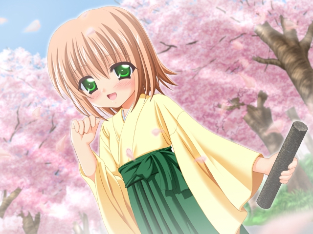 muririn, nishimura konomi, nanami to konomi no oshiete abc, studio ring, game cg, 1girl, blush, brown hair, cherry blossoms, female focus, green eyes, green hakama, hakama, holding, japanese clothes, kimono, long sleeves, looking at viewer, open mouth, petals, short hair, sky, smile, solo, standing, tree, wide sleeves, wind, yellow kimono
