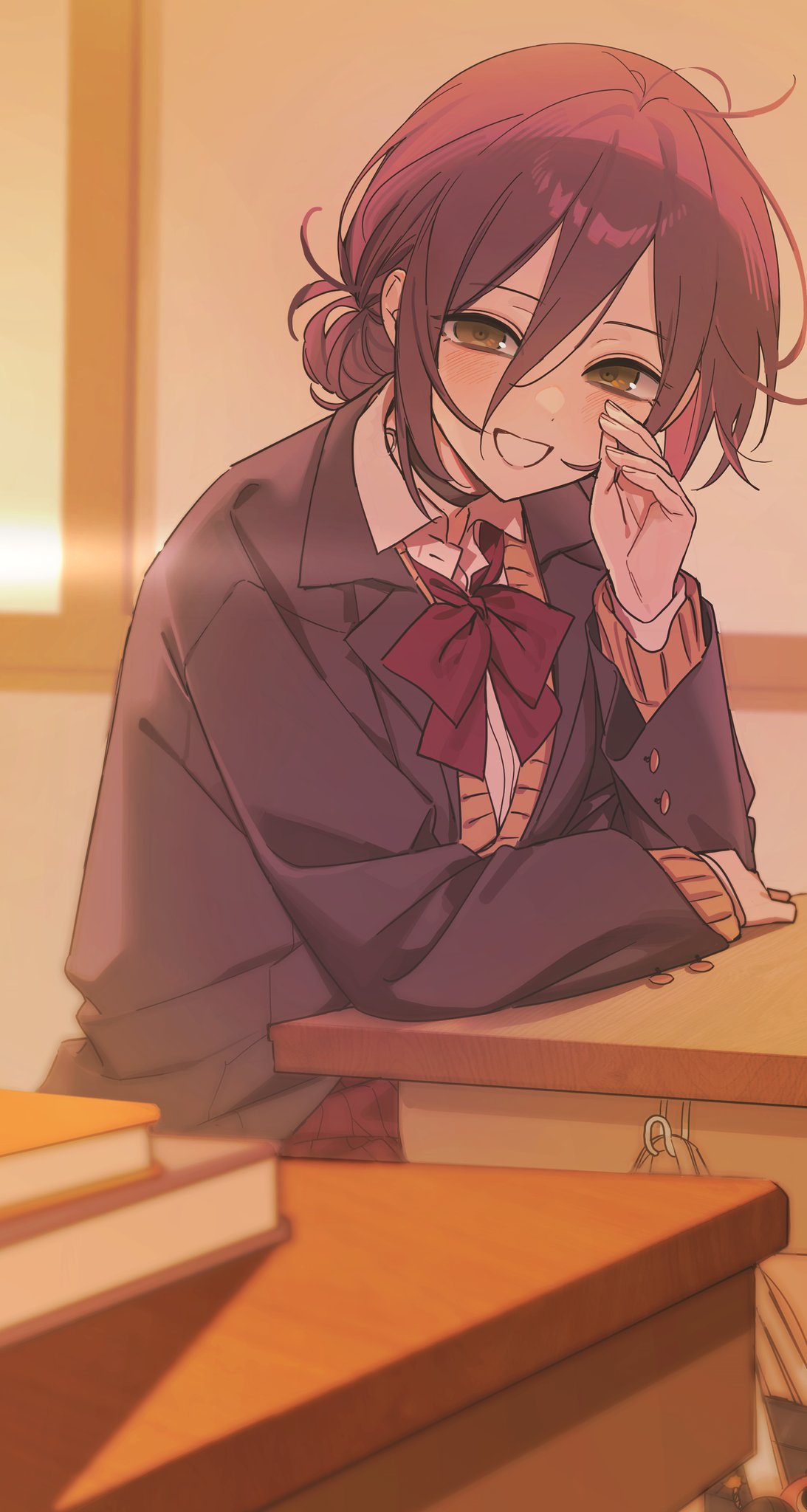 myao (o3o333), kampfer (mobile suit), reze (chainsaw man), chainsaw man, commentary, highres, 1girl, black choker, black jacket, book, bow, bowtie, brown cardigan, cardigan, choker, classroom, collared shirt, desk, green eyes, hair between eyes, hair bun, hand to own mouth, jacket, looking at viewer, medium hair, parted lips, purple hair, red bow, red bowtie, red skirt, school desk, school uniform, shirt, sitting, skirt, smile, solo, teeth, updo, white shirt