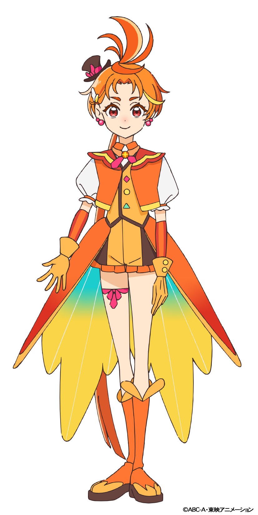 cure wing, yuunagi tsubasa, hirogaru sky! precure, precure, highres, official art, second-party source, 1boy, boots, closed mouth, copyright notice, earrings, full body, gloves, hat, jacket, jewelry, knee boots, long hair, looking at viewer, low ponytail, magical boy, mini hat, mini top hat, multicolored hair, orange boots, orange gloves, orange hair, orange jacket, ponytail, puffy short sleeves, puffy sleeves, red eyes, shirt, short sleeves, shorts, simple background, smile, solo, standing, streaked hair, tachi-e, thigh strap, top hat, white background, yellow shirt, yellow shorts
