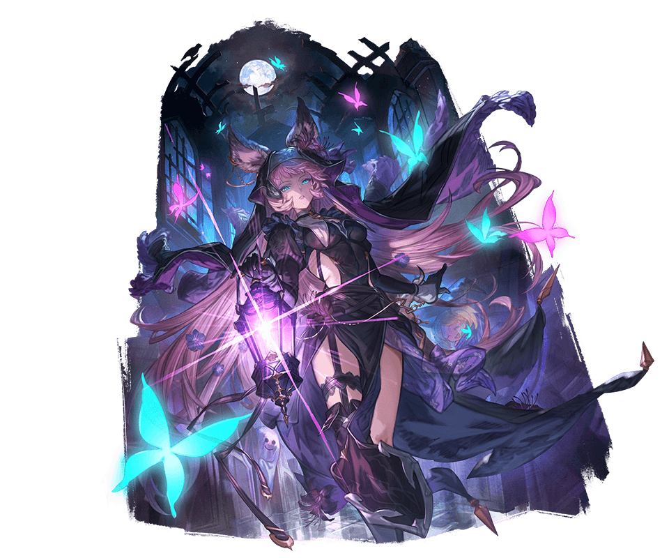 minaba hideo, djeeta (granblue fantasy), tien (granblue fantasy), granblue fantasy, official art, third-party source, 2girls, animal ear fluff, animal ears, black cloak, black gloves, blue butterfly, blue eyes, breasts, bug, butterfly, choppy bangs, cloak, clothing cutout, erune, expressionless, facing viewer, falling petals, floating hair, full moon, garter belt, gloves, glowing butterfly, halloween, halloween costume, holding, holding lantern, impossible clothes, insect, lantern, long hair, looking at viewer, medium breasts, moon, multiple girls, night, night sky, nun, official alternate costume, parted lips, pelvic curtain, petals, pink butterfly, pink hair, side cutout, sky, transparent background, tsurime, turtleneck, veil, very long hair, wind, wind lift, window