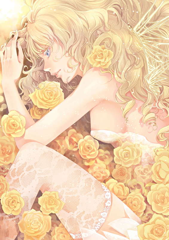 kai (linking), kai (pixiv274004), lace legwear, bad id, bad pixiv id, 1girl, blonde hair, blue eyes, breasts, curly hair, dress, female focus, flower, lace, long hair, medium breasts, nipple slip, nipples, rose, sideboob, solo, thighhighs, white dress, white thighhighs, wings, yellow flower, yellow rose