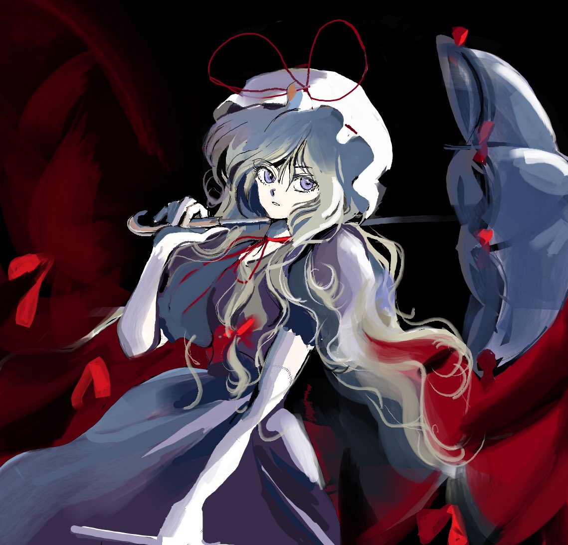 6osquet, yakumo yukari, touhou, 1990s (style), 1girl, blonde hair, dark background, dress, elbow gloves, expressionless, gap (touhou), gloves, hair between eyes, hair ribbon, hat, holding, holding umbrella, long hair, looking at viewer, mob cap, parted lips, purple dress, purple eyes, retro artstyle, ribbon, short sleeves, solo, umbrella, white gloves