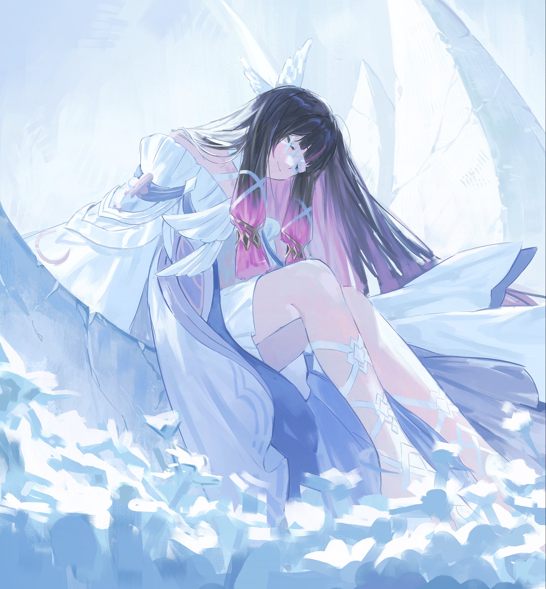sig 494900, columbina (genshin impact), genshin impact, highres, 1girl, closed eyes, long hair, sitting, solo