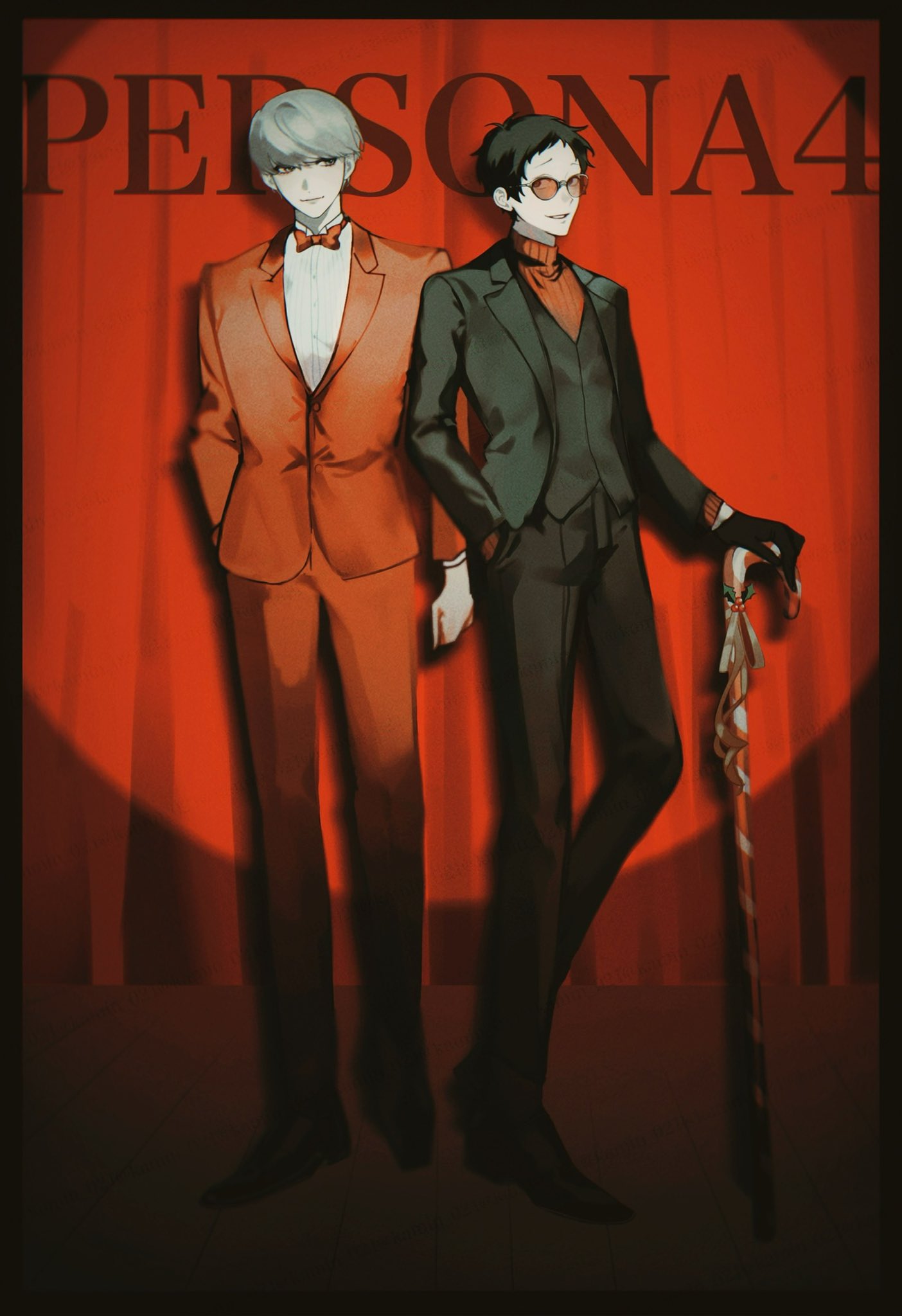 adachi tooru, narukami yu, persona, persona 4, hashtag-only commentary, highres, 2boys, black gloves, black hair, black jacket, black pants, black vest, bow, bowtie, cane, closed mouth, copyright name, curtains, formal clothes, full body, glasses, gloves, grey hair, hand in pocket, jacket, kamin 021, looking at another, looking to the side, male focus, multiple boys, pants, red-tinted eyewear, red bow, red bowtie, red jacket, red pants, red suit, red sweater, shirt, short hair, smile, standing, suit, sweater, tinted eyewear, traditional bowtie, vest, white shirt