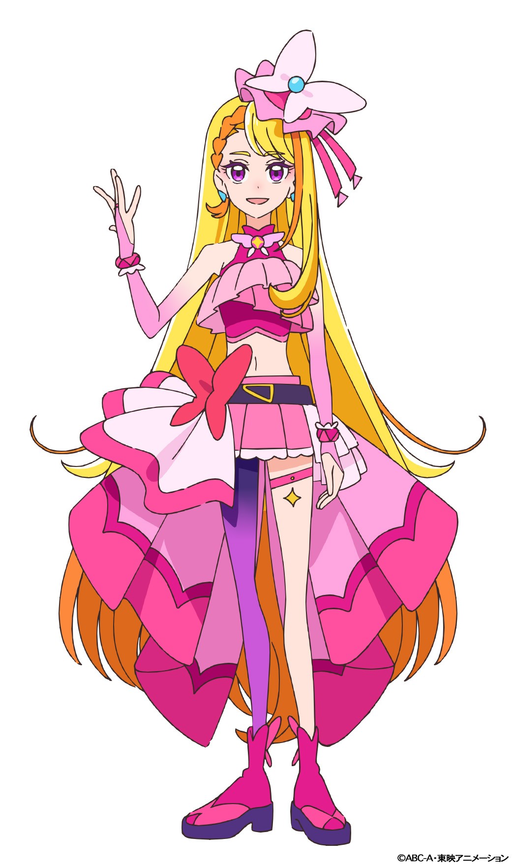 cure butterfly, hijiri ageha, hirogaru sky! precure, precure, highres, official art, second-party source, 1girl, :d, asymmetrical legwear, belt, blonde hair, boots, bracelet, bridal gauntlets, butterfly hat ornament, copyright notice, cropped shirt, earrings, full body, hand up, hat, hat ornament, jewelry, long hair, looking at viewer, magical girl, midriff, miniskirt, multicolored hair, open mouth, pantyhose, pink boots, pink hat, pink shirt, pink skirt, purple eyes, purple pantyhose, shirt, simple background, single leg pantyhose, skirt, smile, solo, sparkle, standing, tachi-e, thigh strap, very long hair, white background