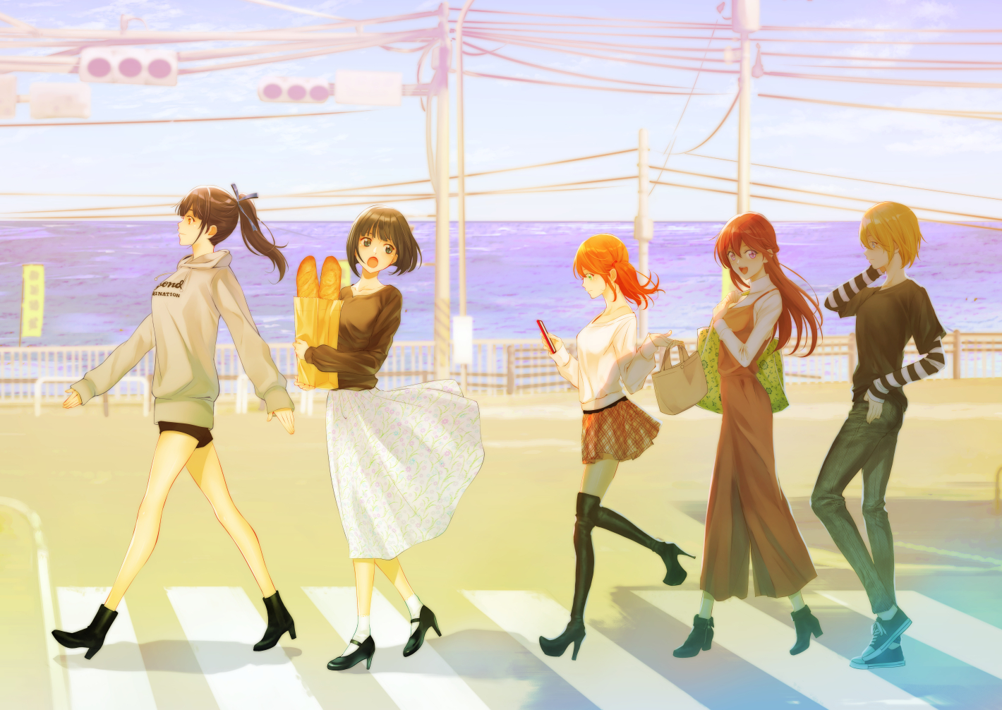 seo kouji, hououji akane, makuzawa ouka, ono shiragiku, tsukishima riho, tsuruga ami, megami no cafe terrace, commentary request, official art, 5girls, bag, baguette, black boots, black hair, black shirt, black shoes, black shorts, black sweater, blonde hair, boots, bread, cellphone, closed mouth, crosswalk, day, denim, dress, food, from side, full body, green eyes, high heel boots, high heels, holding, holding bag, holding phone, horizon, jeans, lamppost, long hair, long sleeves, multiple girls, ocean, open mouth, orange hair, orange skirt, outdoors, pants, paper bag, phone, plaid clothes, plaid skirt, ponytail, profile, purple eyes, railing, red dress, red eyes, road, shirt, shirt under shirt, shoes, short hair, short shorts, shorts, skirt, smartphone, sneakers, street, striped clothes, striped shirt, sweater, sweater under dress, thigh boots, traffic light, two-tone shirt, walking, white shirt, white skirt, white sweater