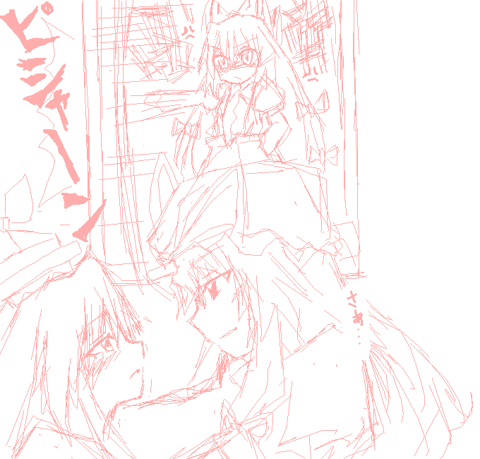 netachou, fujiwara no mokou, kamishirasawa keine, yakumo yukari, touhou, 3girls, anger vein, angry, bow, caught, female focus, hair ribbon, hat, long hair, monochrome, multiple girls, pink theme, ribbon, sketch, yuri