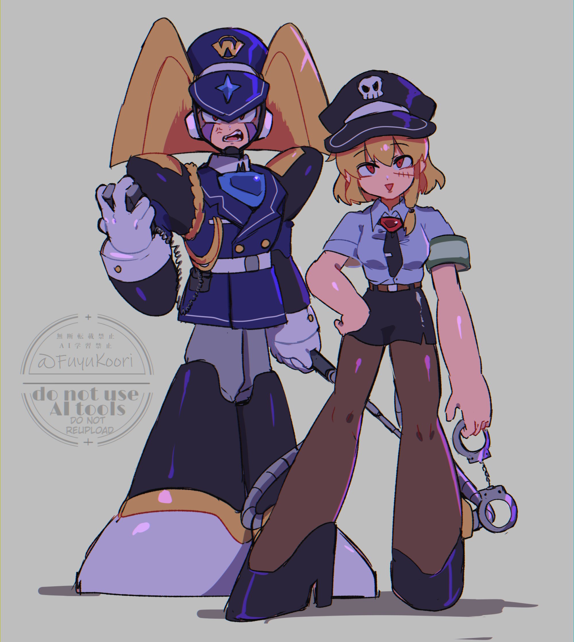 srnhuyuno, bass (mega man), piano (srnhuyuno), mega man (classic), mega man (series), original, highres, 1boy, 1girl, anger vein, baton (weapon), black skirt, blonde hair, blue jacket, blue shirt, chest jewel, cuffs, facial mark, full body, grey background, handcuffs, helmet, jacket, miniskirt, police, police uniform, policewoman, shirt, simple background, skirt, weapon
