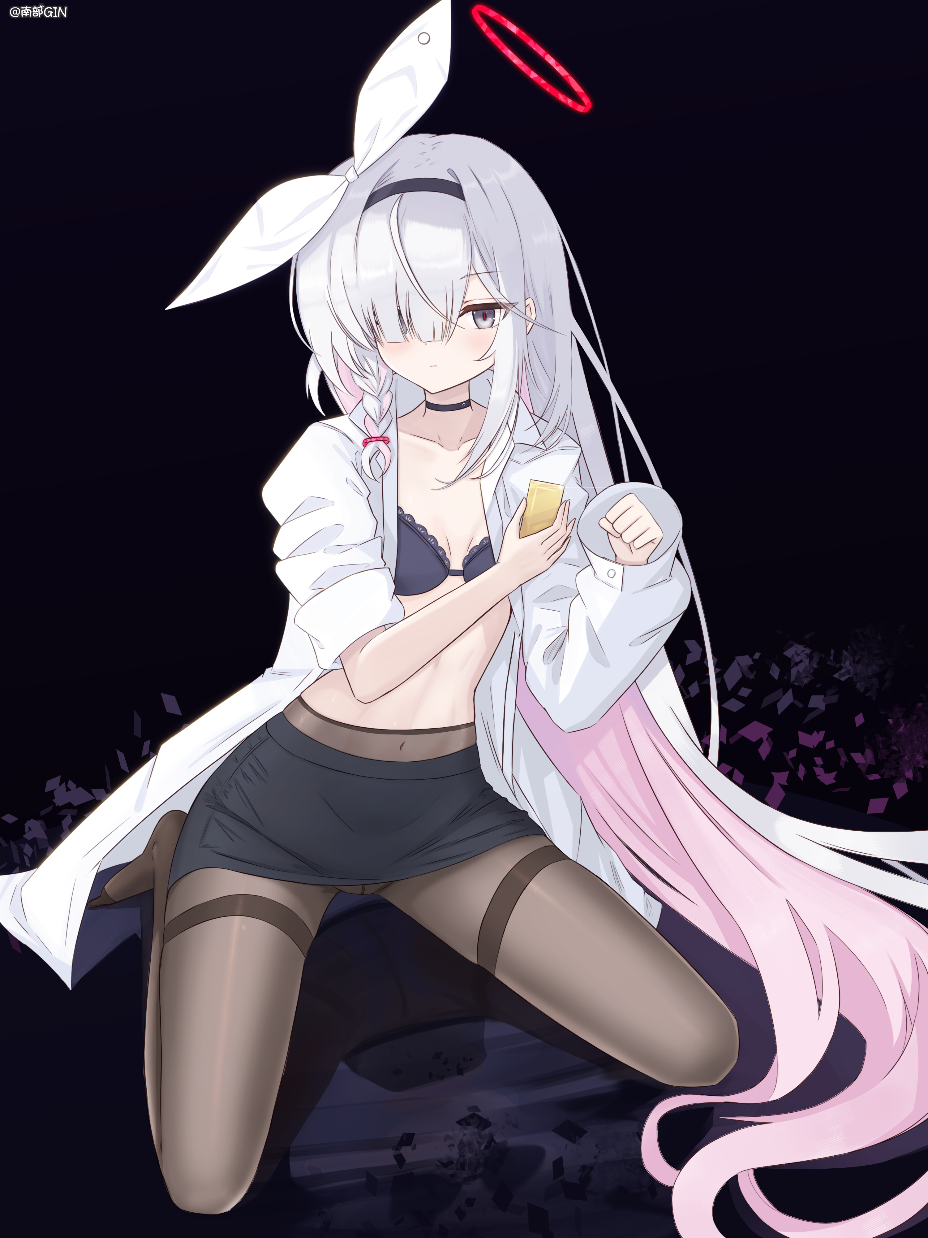 nanbugin, plana (blue archive), blue archive, absurdres, highres, 1girl, absurdly long hair, barefoot, black choker, black pantyhose, black skirt, black thighhighs, blue eyes, blush, bow, bra, breasts, choker, grey hair, hair bow, hair over one eye, long bangs, long hair, looking at viewer, navel, pantyhose, shirt, skirt, small breasts, solo, stomach, thighhighs, underwear, very long hair, white bow, white hair, white shirt