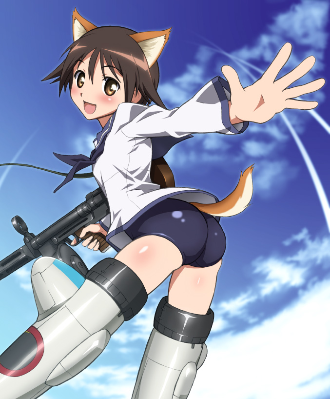 norizou, norizou type-r, miyafuji yoshika, strike witches, world witches series, machine pistol, md5 mismatch, resolution mismatch, source larger, 00s, 1girl, animal ears, ass, ass focus, blush, brown hair, female focus, fox ears, fox tail, gun, happy, looking at viewer, looking back, open mouth, outdoors, panties, shiny skin, short hair, sky, solo, solo focus, striker unit, tail, underwear, weapon, wolf tail, yellow eyes