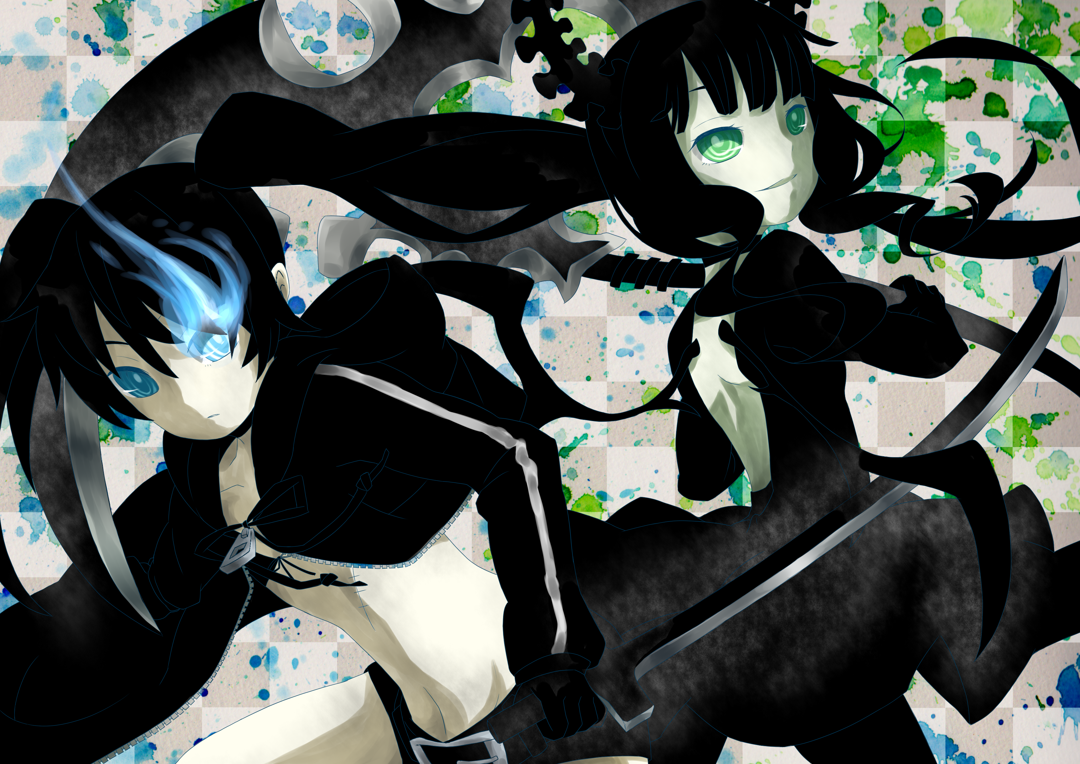 sailor antei, black rock shooter (character), dead master, black rock shooter, absurdres, highres, black coat, black dress, black hair, black horns, black leggings, black shorts, coat, dress, flaming eye, green eyes, holding, holding scythe, hood, hooded coat, horns, leggings, open clothes, open coat, pale skin, scar, scythe, shorts, skeletal wings, sword, twintails, uneven twintails, weapon, wings