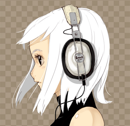 original, lowres, bare shoulders, black eyes, brown background, cable, checkered background, eyelashes, headphones, portrait, solo, turtleneck, white hair