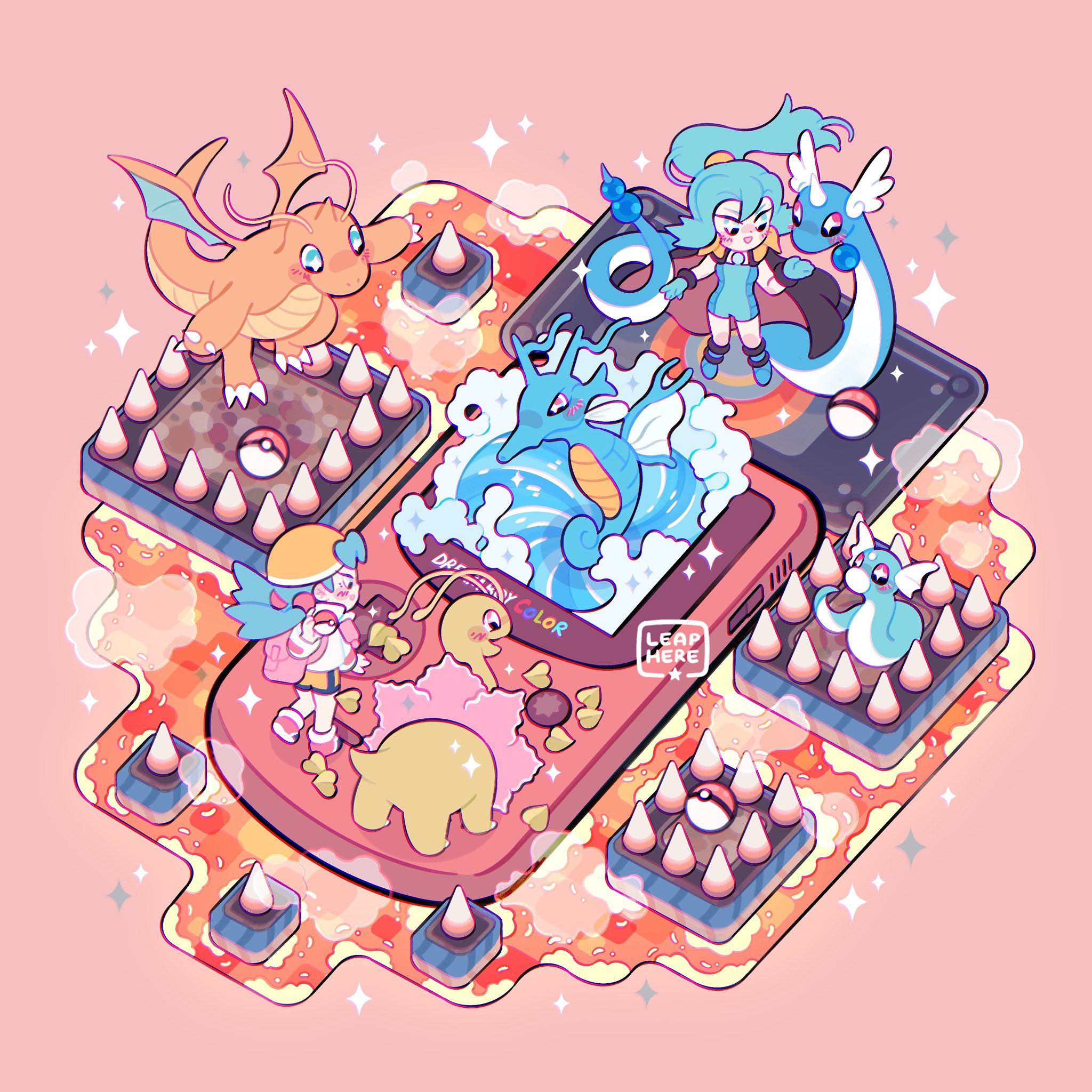 leaphere, clair (pokemon), dragonair, dragonite, dratini, kingdra, kris (pokemon), meganium, nintendo, pokemon, pokemon gsc, pokemon hgss, highres, 2girls, bike shorts, black cape, blue bodysuit, blue gloves, blue hair, blush, bodysuit, breasts, cape, chibi, chibi only, claws, dragon, earrings, fish, flower, game boy, game boy color, gen 1 pokemon, gen 2 pokemon, gloves, hair between eyes, handheld game console, hat, holding, horns, jacket, jewelry, lava, long hair, long sleeves, multiple girls, open mouth, platform, poke ball, poke ball (basic), pokemon (creature), pokemon focus, ponytail, seahorse, shirt, shorts, single horn, smile, spikes, star-shaped pupils, star (symbol), symbol-shaped pupils, tail, tooth earrings, twintails, unitard, water, white jacket, wings, yellow hat, yellow shorts