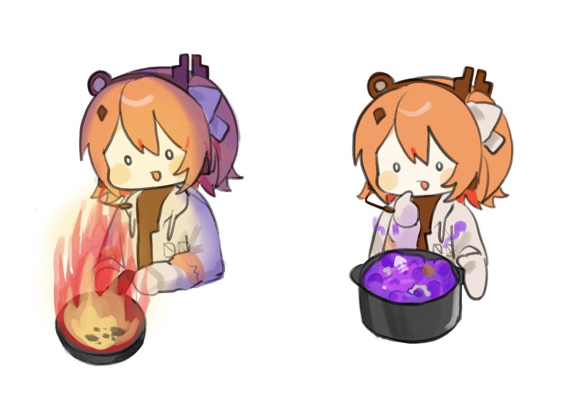 nupi (tpshye7d2k42552), adachi rei, a.i. voice, utau, 0 0, 1girl, bad food, cooking, cooking pot, fire, frying pan, headset, holding, holding smoking pipe, jacket, multiple views, open mouth, orange hair, simple background, smoking pipe, upper body, white background, white jacket