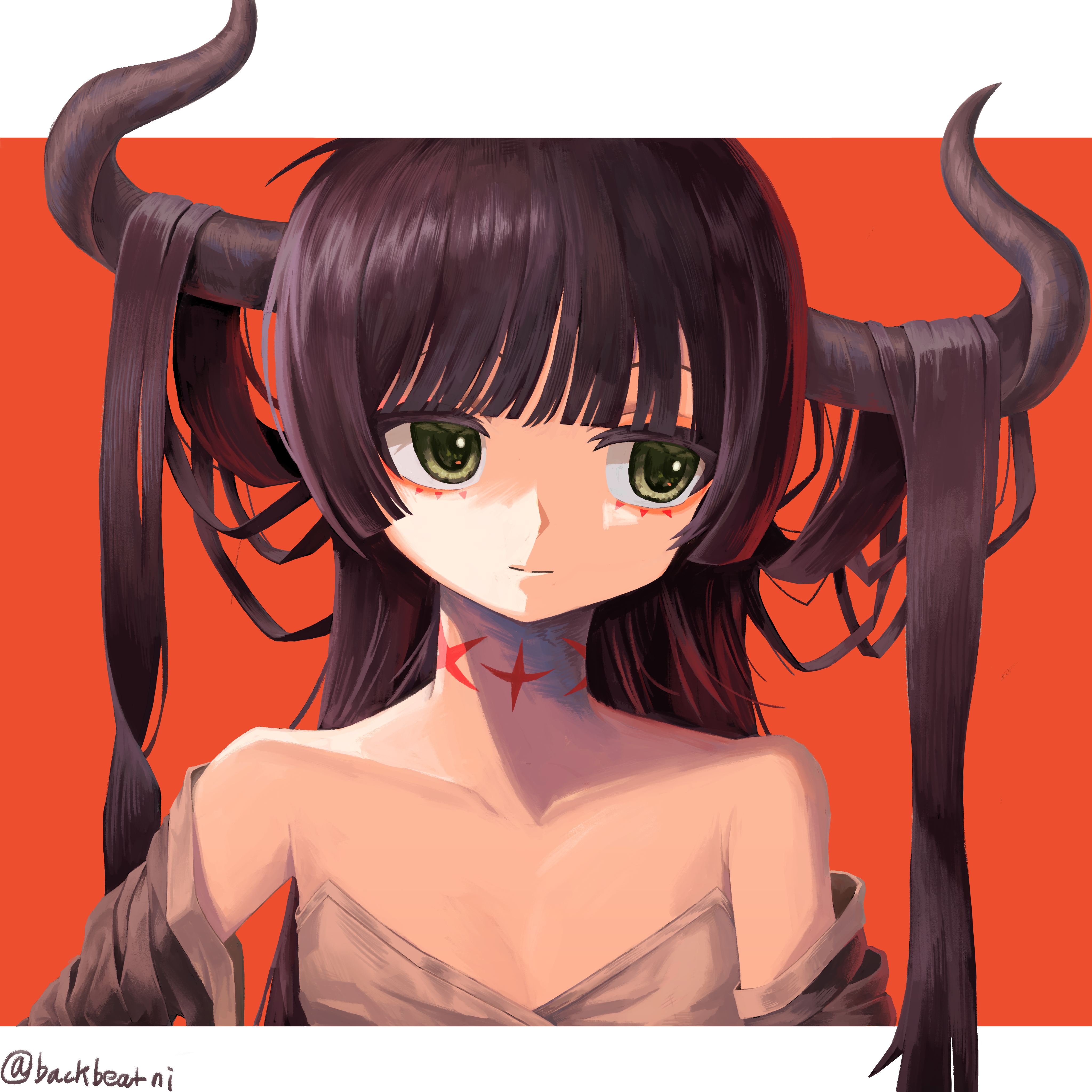 diein (djmax), djmax, djmax respect, absurdres, highres, 1girl, black hair, black horns, blunt bangs, closed mouth, detached sleeves, horns, leotard, long hair, looking to the side, sabame50, solo, white leotard, yellow eyes