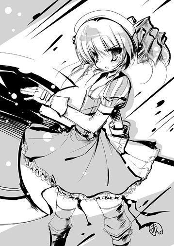 iron princess ymir, ymir (queen's blade), queen's blade, 00s, armor, axe, dress, drill hair, flat chest, gloves, greyscale, hairband, monochrome, solo, thighhighs, weapon, zettai ryouiki