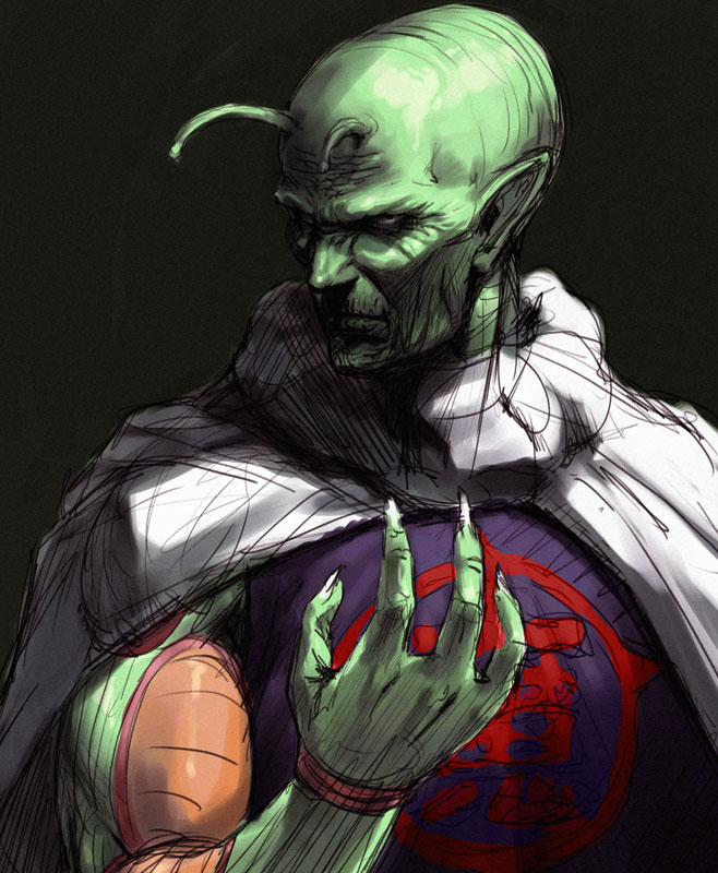 chyko, piccolo, piccolo daimaou, dragon ball, 1boy, alien, antennae, black background, colored skin, frown, green skin, male focus, pointy ears, realistic, simple background, solo