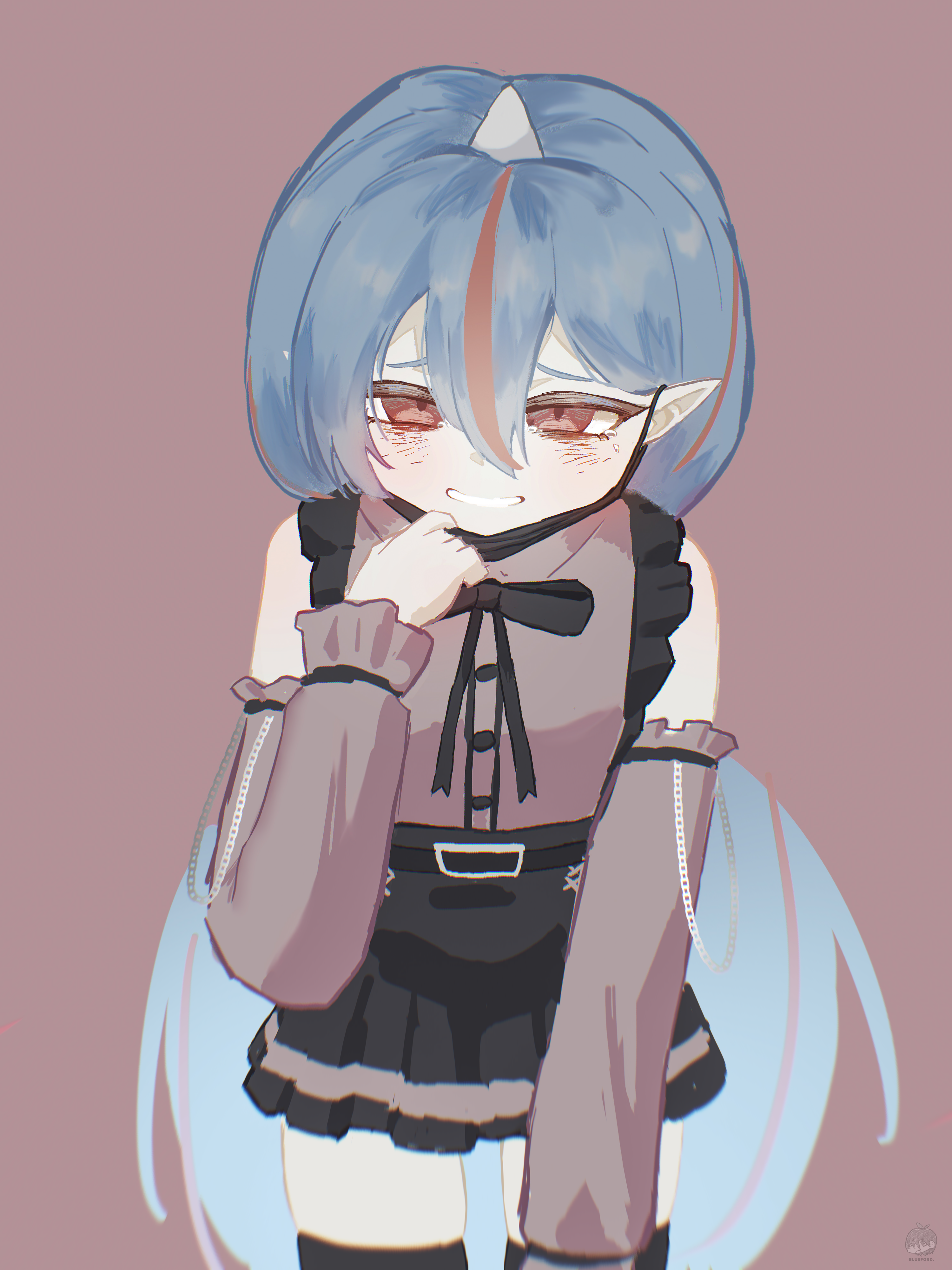 dokkaebi, eunha (guardian tales), guardian tales, absurdres, highres, 1girl, alternate costume, bare shoulders, belt, black ribbon, black skirt, blue hair, blueford, buttons, detached sleeves, frills, goth fashion, grin, hair between eyes, horns, long hair, long hair between eyes, long sleeves, looking at viewer, mask, mask pull, monster girl, mouth mask, multicolored hair, open mouth, pantyhose, pointy ears, puffy sleeves, red eyes, red hair, ribbon, simple background, single horn, skirt, sleeveless, smile, solo, very long hair
