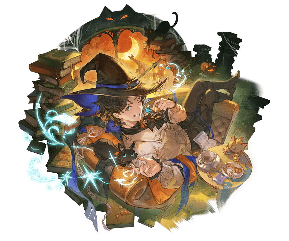 minaba hideo, lancelot (granblue fantasy), granblue fantasy, official art, third-party source, 1boy, bell, belt, black boots, black cat, black hair, black pants, blue eyes, book, book stack, bookmark, boots, candy, cat, chocolate, cookie, crescent, crossed legs, cup, food, full body, garter belt, grin, halloween, halloween costume, hat, jack-o'-lantern, magic, male focus, official alternate costume, one eye closed, open book, pants, puffy sleeves, silk, sitting, smile, solo, spider web, stuffed animal, stuffed toy, tea, teacup, thigh belt, thigh strap, two-sided fabric, witch, witch hat