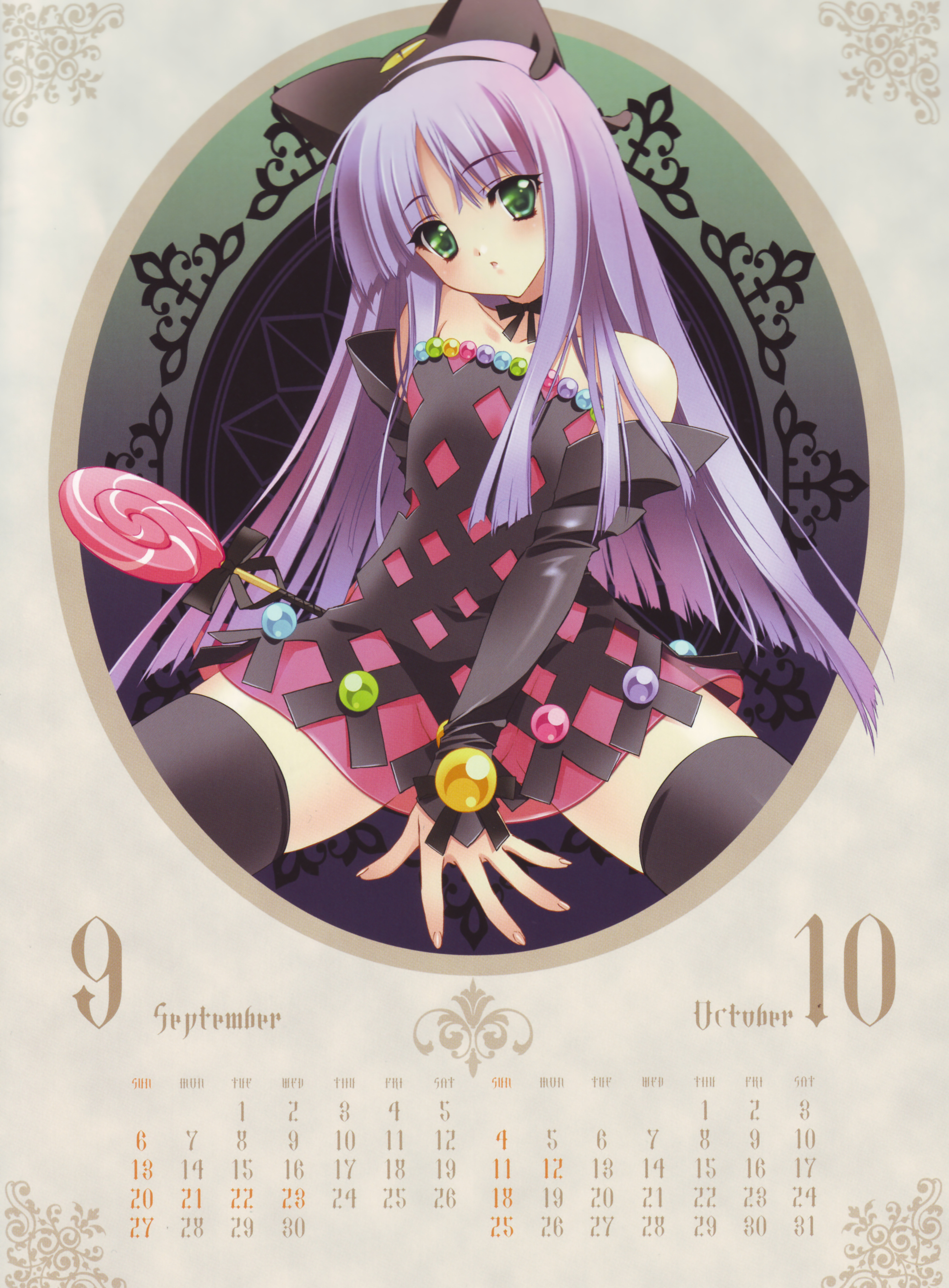 carnelian, absurdres, highres, scan, 00s, 2009, calendar, candy, censored, convenient censoring, food, green eyes, long hair, no panties, october, purple hair, see-through clothes, september, solo, thighhighs, zettai ryouiki