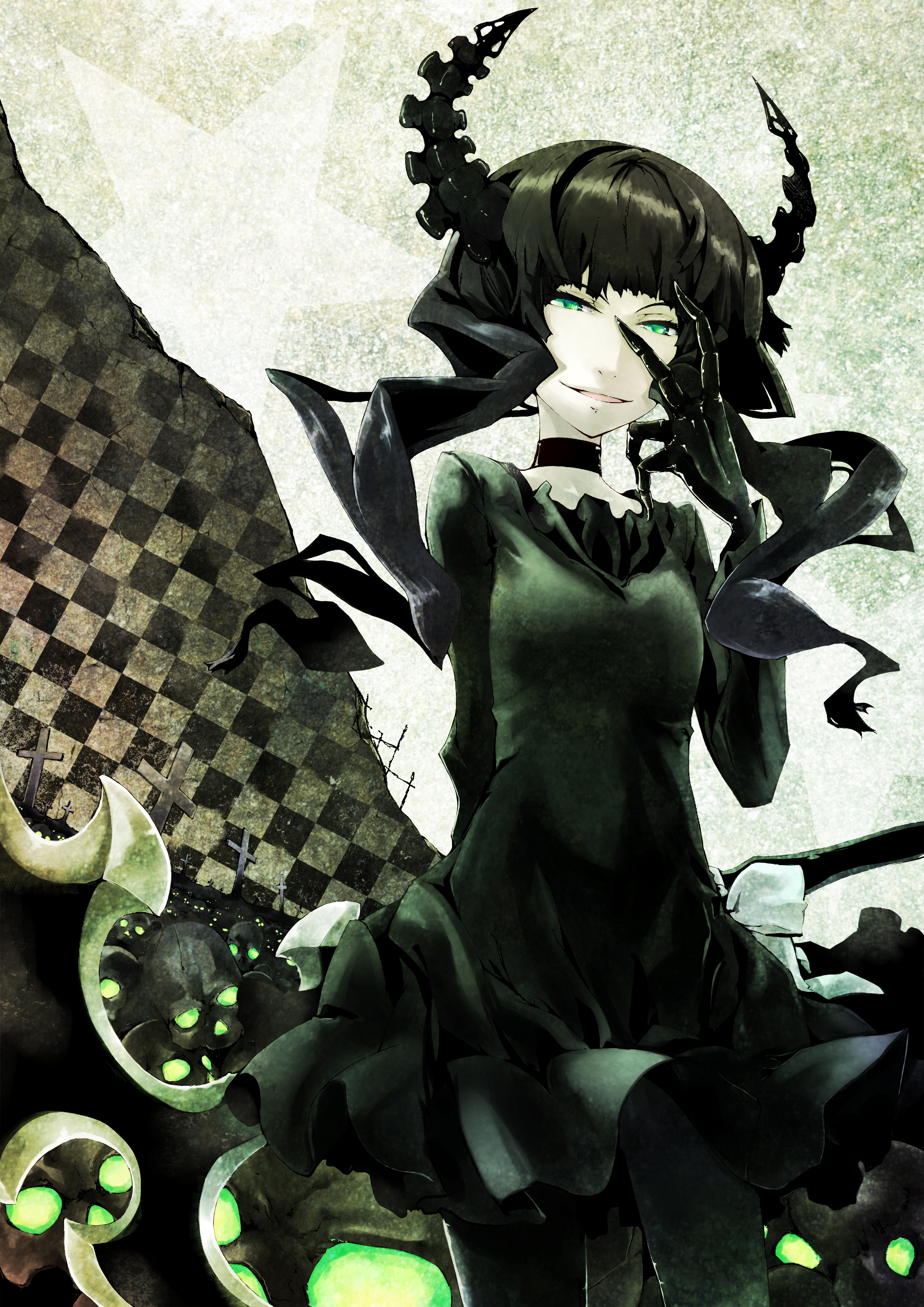 nino (shira), dead master, black rock shooter, absurdres, highres, 1girl, black choker, black dress, black hair, black horns, black leggings, choker, dress, horns, leggings, pale skin, scythe, skeletal hand, skull, solo