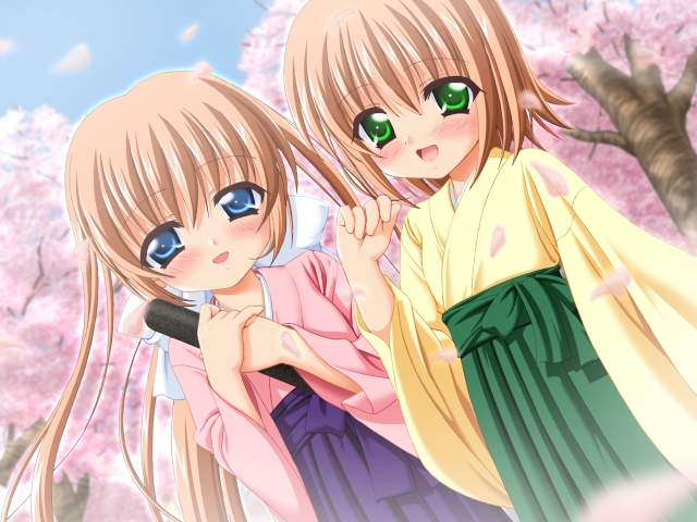 sin-go, nishimura konomi, nishimura nanami, nanami to konomi no oshiete abc, game cg, 2girls, japanese clothes, jewelry, kimono, multiple girls, ring, siblings, sisters, studio, twins