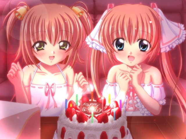 nishimura konomi, nishimura nanami, nanami to konomi no oshiete abc, studio ring, game cg, 2girls, bare shoulders, cake, food, multiple girls, ribbon, siblings, sisters, twins, twintails