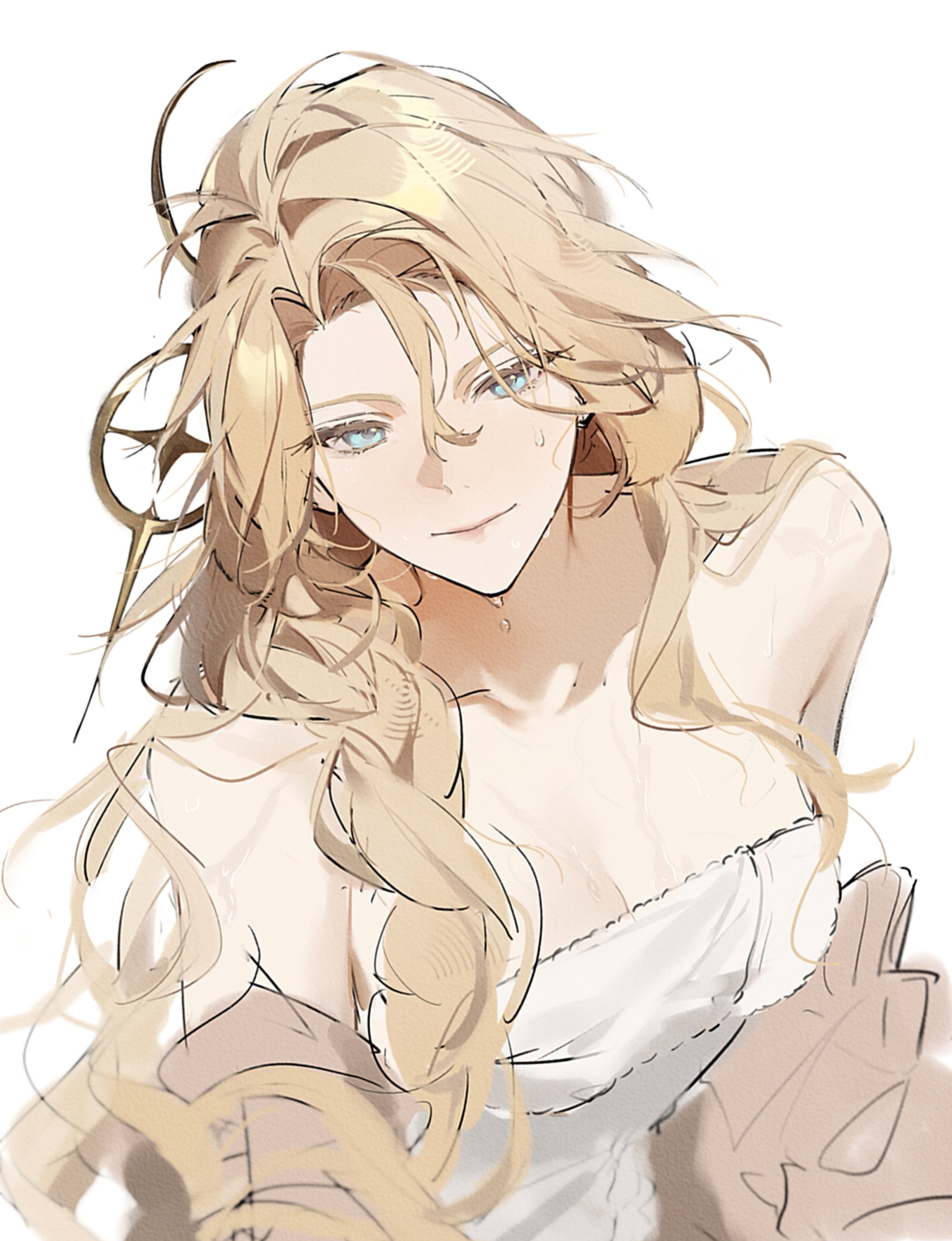 joshua (shisanli934), kristen (arknights), arknights, absurdres, chinese commentary, commentary request, highres, 1girl, animal ears, bare shoulders, blonde hair, blue eyes, breasts, cleavage, closed mouth, collarbone, curtained hair, dog ears, dog girl, droopy ears, hair between eyes, hair ornament, long hair, medium breasts, simple background, solo, towel, wet, white background
