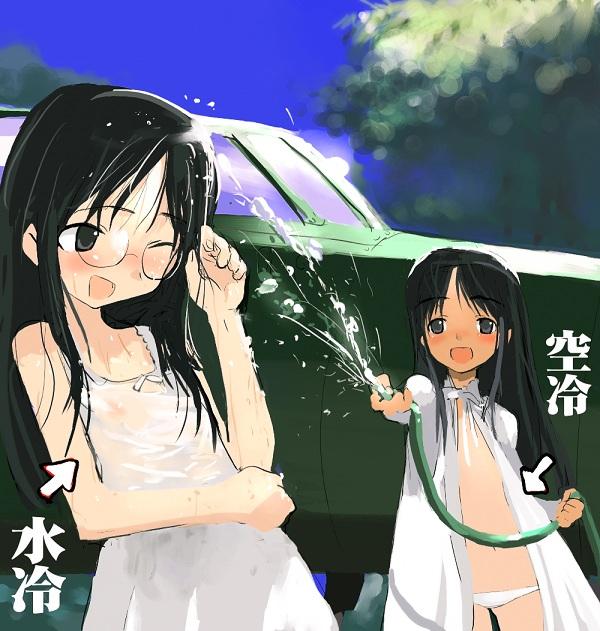 shimada fumikane, suwa amaki, konami mecha musume, strike witches, world witches series, translation request, 00s, 2girls, flat chest, glasses, hose, multiple girls, nipples, no bra, open clothes, panties, see-through clothes, underwear, wet, wet clothes