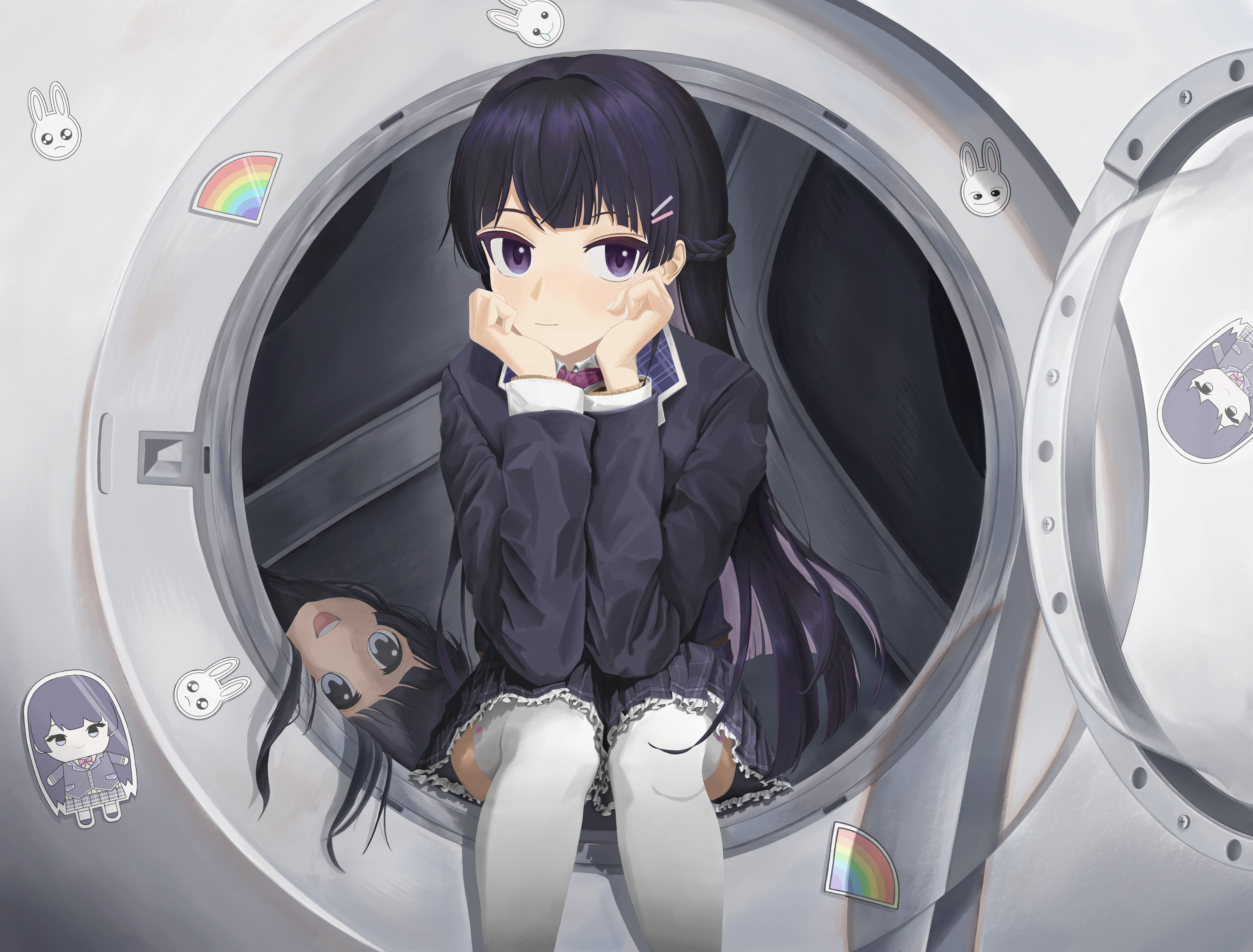 nazono mito, tsukino mito, tsukino mito (1st costume), nijisanji, absurdres, commentary request, highres, 1girl, black jacket, frilled skirt, frills, head rest, jacket, looking at viewer, plaid clothes, plaid skirt, purple eyes, rabbit sticker, rainbow sticker, sabame50, sitting, skirt, solo, sticker, thighhighs, virtual youtuber, washing machine, white thighhighs