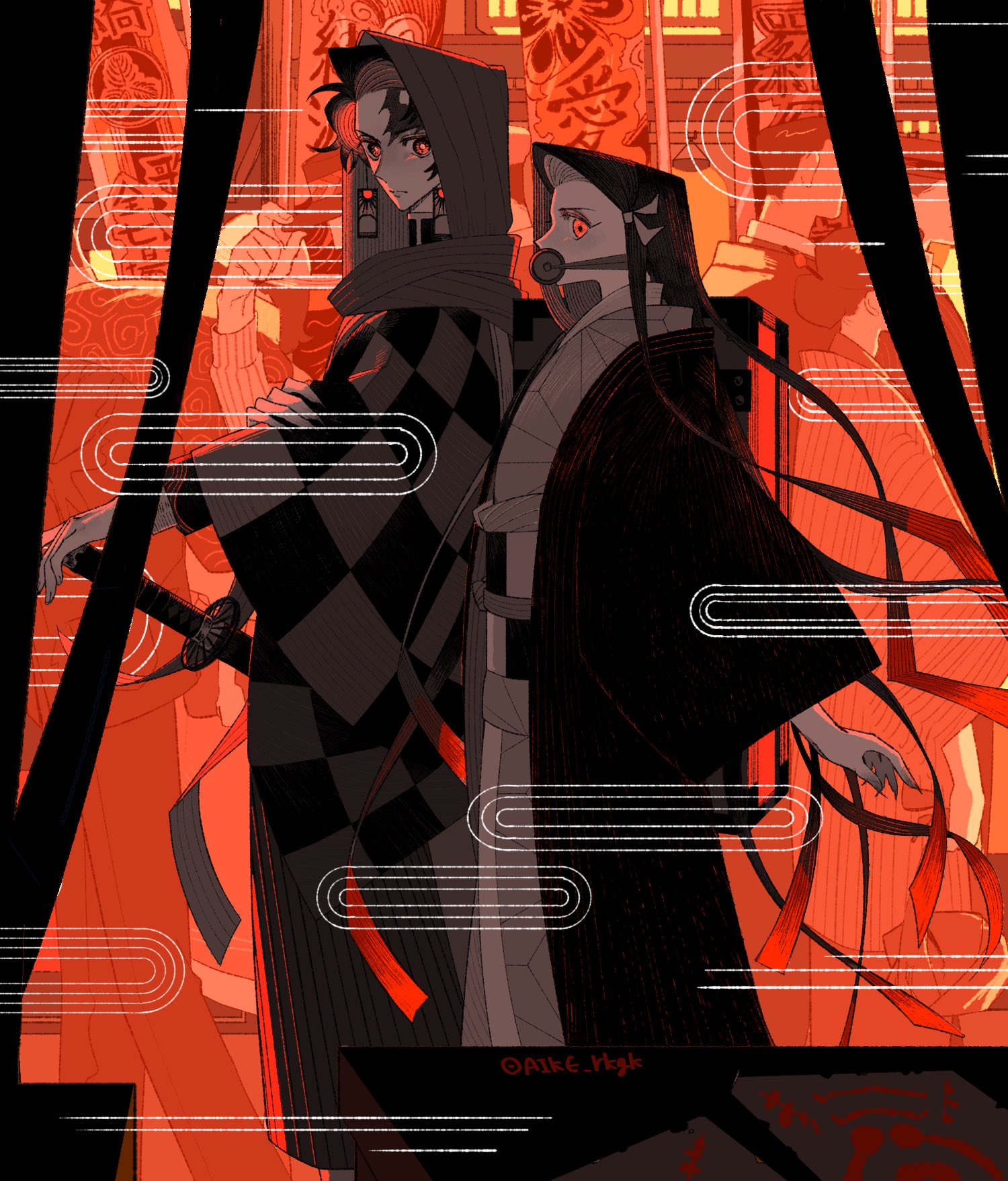 kamado nezuko, kamado tanjirou, kimetsu no yaiba, highres, 1boy, 1girl, aike rkgk, bit gag, black hair, brother and sister, checkered haori, colored tips, cowboy shot, demon girl, earrings, feet out of frame, fingernails, gag, hair ribbon, hanafuda earrings, haori, holding, holding sword, holding weapon, hood, hood up, japanese clothes, jewelry, katana, kimono, long hair, multicolored hair, print kimono, red eyes, red hair, ribbon, scar, scar on face, scar on forehead, sharp fingernails, short hair, siblings, swept bangs, sword, twitter username, weapon