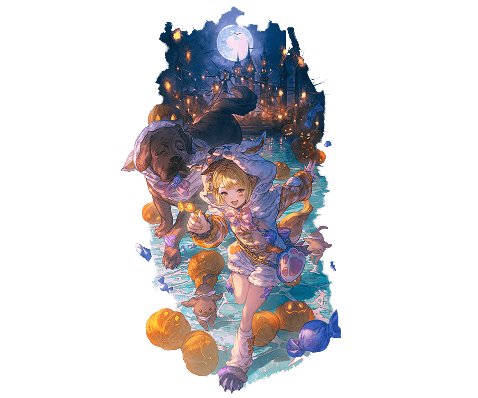 minaba hideo, vajra (granblue fantasy), granblue fantasy, official art, third-party source, 1girl, 3others, :d, animal bag, animal ears, animal hood, blonde hair, breasts, brown eyes, candy, capelet, castle, cat bag, dog, dog ears, dog girl, erune, food, full moon, fur-trimmed capelet, fur trim, halloween, halloween costume, happy, holding, holding candy, holding food, hood, hood up, jack-o'-lantern, lantern, leg warmers, looking at viewer, moon, multiple others, night, night sky, official alternate costume, onesie, open mouth, paw print, paw shoes, pink ribbon, plaid clothes, plaid sleeves, puffy shorts, pumpkin, ribbon, short hair, shorts, sky, small breasts, smile, solo focus, star (sky), starry sky, thighs, water, white hood, white shorts