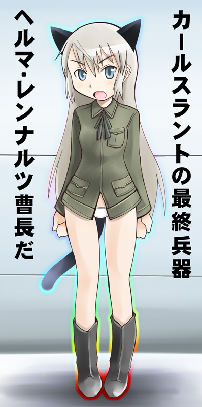 helma lennartz, strike witches, strike witches: suomus misfits squadron, world witches series, bad id, bad pixiv id, translation request, 00s, 1girl, animal ears, black socks, blonde hair, cat ears, cat tail, female focus, full body, kemonomimi mode, kneehighs, long hair, long sleeves, no pants, panties, pocket, shoes, socks, solo, standing, tail, underwear, very long hair, white panties