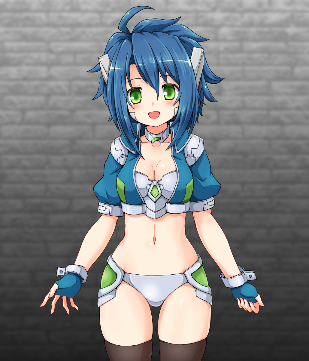 huyusilver, emil chronicle online, highres, 1girl, ahoge, android, armor, black thighhighs, blue gloves, blue hair, blue jacket, breastplate, breasts, cleavage, collar, fingerless gloves, gloves, green eyes, grey panties, jacket, lili (eco), looking at viewer, medium breasts, metal collar, metal wrist cuffs, open mouth, panties, robot ears, solo, spiked hair, thighhighs, thighs, underwear