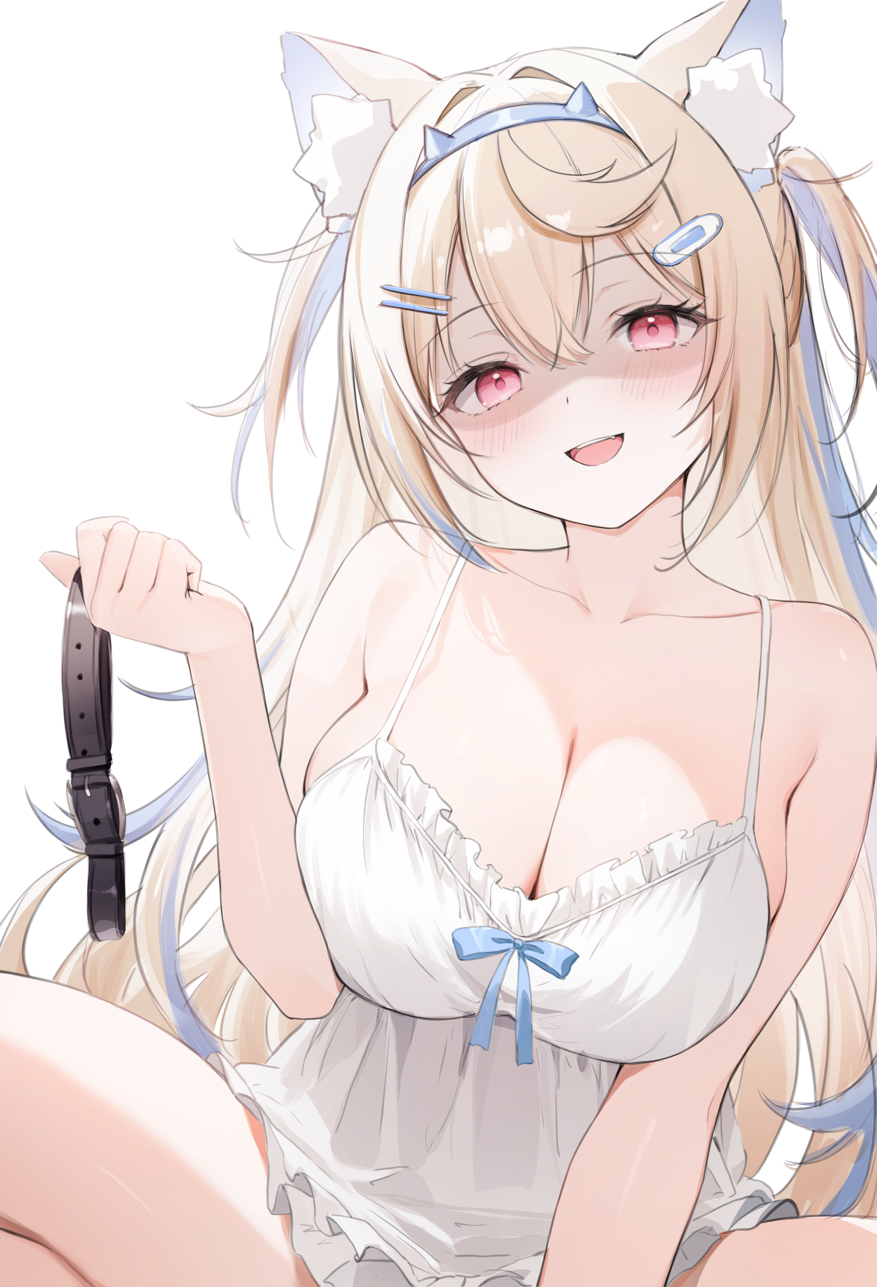 yumiewuri, fuwawa abyssgard, hololive, hololive english, absurdres, commentary, highres, 1girl, :d, alternate costume, animal ear fluff, animal ears, bandaid, bandaid hair ornament, bare arms, blonde hair, blue hair, blue hairband, breasts, cleavage, collar, crossed bangs, dog ears, dog girl, double-parted bangs, fake horns, hair between eyes, hair ornament, hairband, hairclip, holding, holding collar, horn hairband, horns, large breasts, long hair, looking at viewer, multicolored hair, nightgown, open mouth, parallel hairclips, pink eyes, shaded face, simple background, sitting, smile, solo, streaked hair, two side up, very long hair, virtual youtuber, white background, white nightgown, yandere
