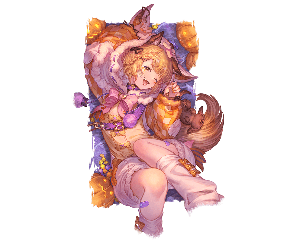 minaba hideo, vajra (granblue fantasy), granblue fantasy, official art, third-party source, 1girl, :d, animal ear fluff, animal ears, animal hood, bandaid, bandaid on leg, blonde hair, braid, breasts, brown eyes, choker, crown braid, dog ears, dog tail, erune, facepaint, fur-trimmed hood, fur trim, halloween, halloween costume, hood, hood up, knees up, leg warmers, looking at viewer, lying, nail polish, official alternate costume, on back, one eye closed, onesie, open mouth, orange nails, paw pose, pink ribbon, plaid clothes, plaid sleeves, puffy shorts, puffy sleeves, ribbon, short hair, shorts, small breasts, smile, solo, tail, tongue, tongue out, white leg warmers, wide sleeves