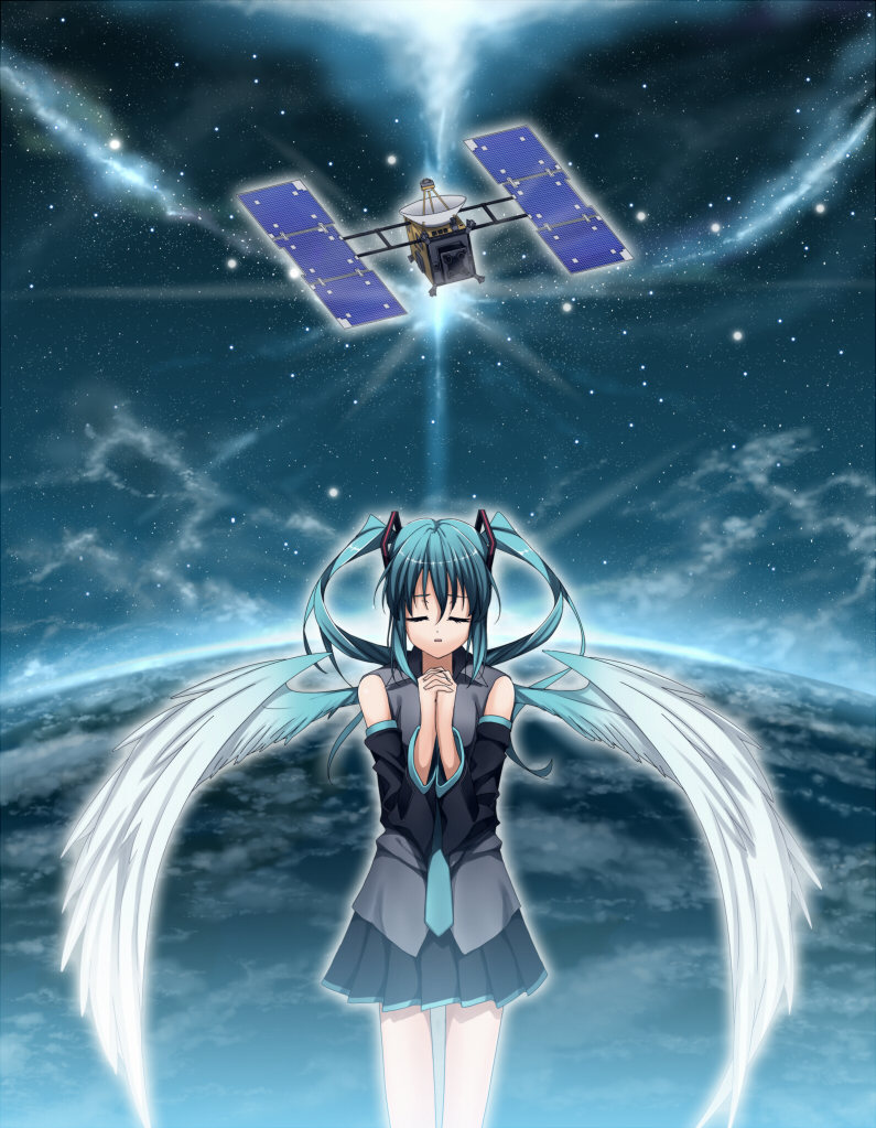nagareboshi, hatsune miku, hayabusa (spacecraft), vocaloid, closed eyes, floating hair, own hands clasped, own hands together, satellite, solo, space, spacecraft, star (symbol), wings