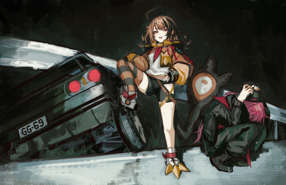 naokomama, gigi murin, gigi murin (1st costume), mori calliope, mori calliope (new underworld order), hololive, hololive english, 2girls, ahoge, baseball cap, bike shorts, black hat, black jacket, black pants, black shoes, black shorts, black sky, brown hair, car, car crash, clothing cutout, hand on own hip, hands on own head, hat, hip vent, hood, hood down, hoodie, huge ahoge, jacket, long hair, long sleeves, looking at viewer, motor vehicle, multicolored hair, multiple girls, night, official alternate costume, orange hoodie, orange thighhighs, outdoors, pants, pink eyes, pink hair, puffy sleeves, road, shoes, shorts, single thighhigh, sky, sneakers, squatting, standing, striped clothes, striped thighhighs, thighhighs, tongue, tongue out, two-tone hair, virtual youtuber, white shoes