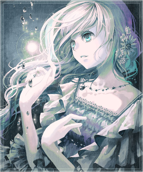 mirusa, blue eyes, dress, formal clothes, hair ornament, jewelry, long hair, necklace, solo