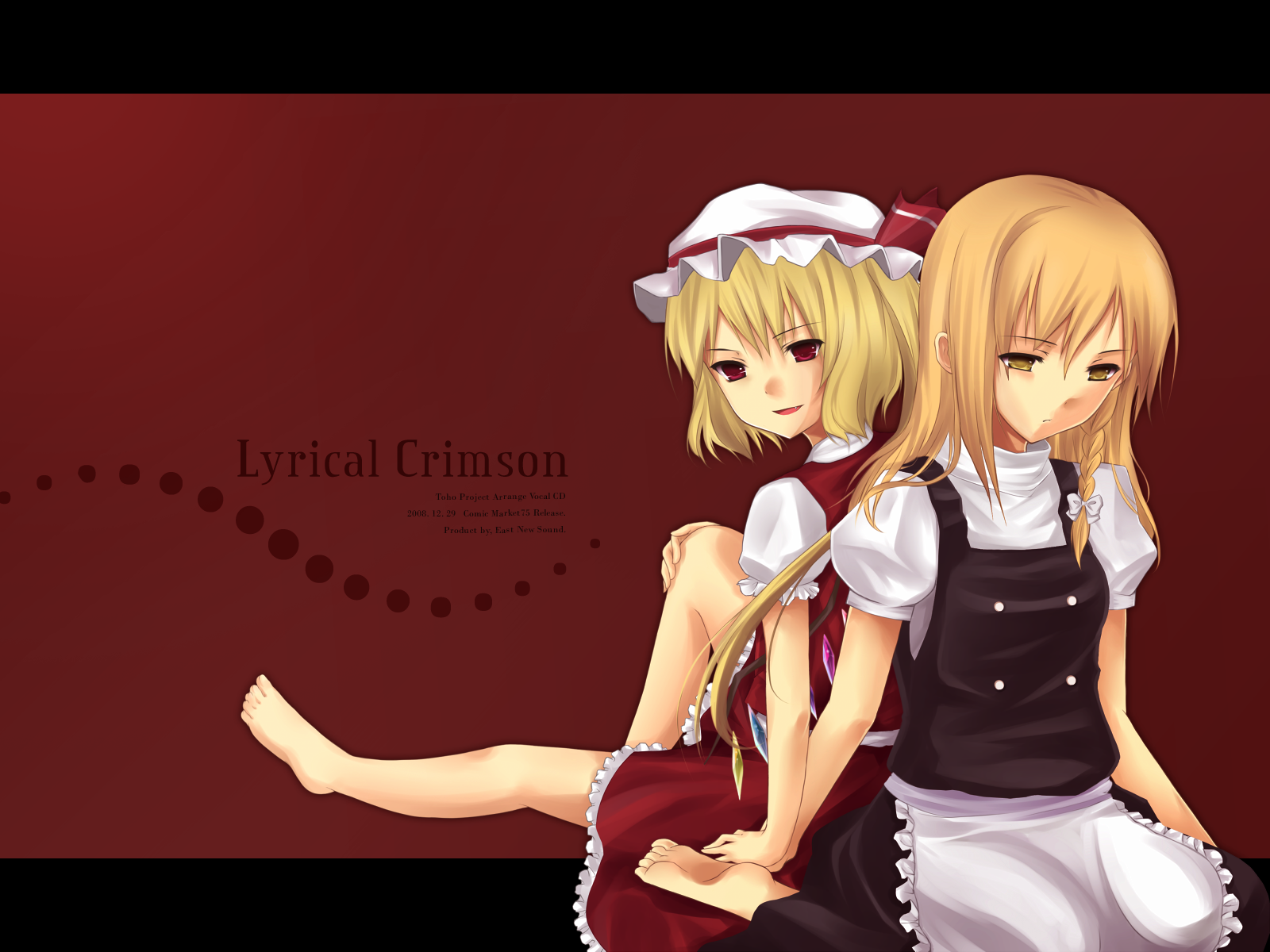 lasa, lasa (2percent), flandre scarlet, kirisame marisa, touhou, bad id, bad pixiv id, highres, 2girls, apron, barefoot, blonde hair, feet, female focus, hat, holding hands, letterboxed, multiple girls, no headwear, red eyes, sitting, yellow eyes