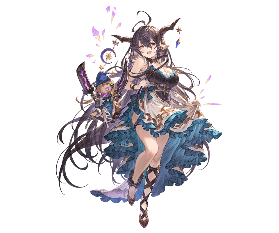 minaba hideo, danua, granblue fantasy, official art, third-party source, :d, absurdly long hair, antenna hair, aqua trim, armpit crease, asymmetrical legwear, asymmetrical sleeves, black corset, black hair, black horns, black shoes, blue ribbon, breasts, brown eyes, cleavage, contrapposto, corset, curtsey, draph, frilled sleeves, frills, hair between eyes, horns, large breasts, long hair, looking at viewer, messy hair, official alternate costume, open mouth, pointy ears, puppet, ribbon, shoes, sleeveless, smile, solo, thigh strap, train (clothing), transparent background, two-sided fabric, very long hair, white sleeves