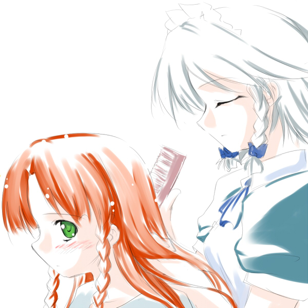 tenkasu (murazaki), tenkasu (pixiv), hong meiling, izayoi sakuya, embodiment of scarlet devil, touhou, 2girls, blush, braid, brushing hair, closed eyes, female focus, green eyes, hair brush, maid, multiple girls, red hair, ribbon, twin braids, upper body, white background, white hair