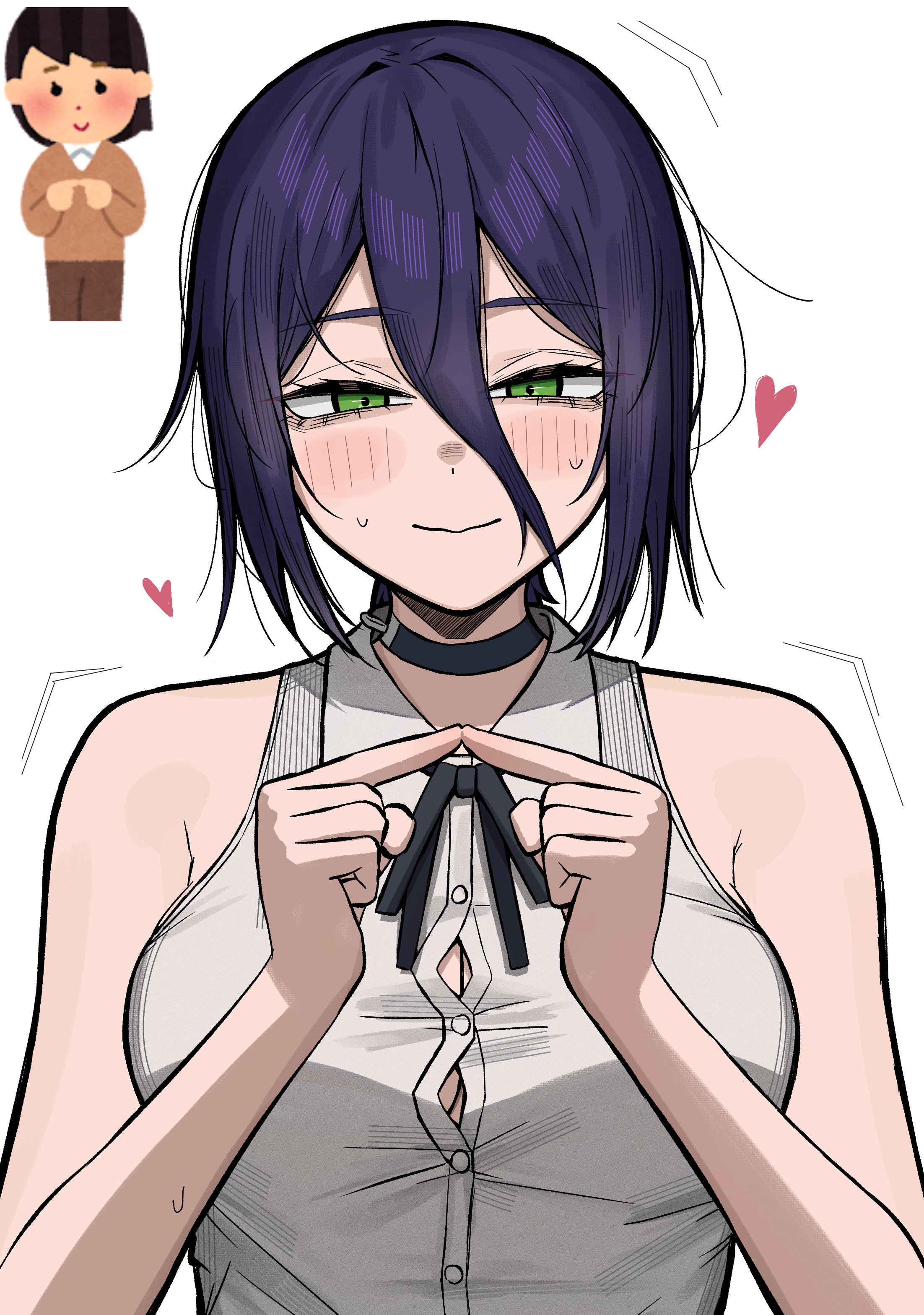 aguxxxuu, reze (chainsaw man), chainsaw man, irasutoya, absurdres, highres, 1girl, black choker, black ribbon, breasts, button gap, choker, cleavage, green eyes, grenade pin, grey shirt, hair between eyes, heart, index fingers together, irasutoya challenge, neck ribbon, purple hair, reference inset, ribbon, shirt, sleeveless, sleeveless shirt, solo, sweat, white background