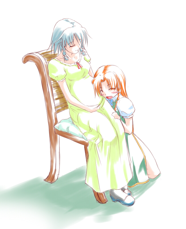 tenkasu (murazaki), hong meiling, izayoi sakuya, touhou, 2girls, ^ ^, blush, braid, closed eyes, dress, female focus, gradient background, grey hair, kneeling, multiple girls, pregnant, red hair, ribbon, sitting, smile, twin braids, white background
